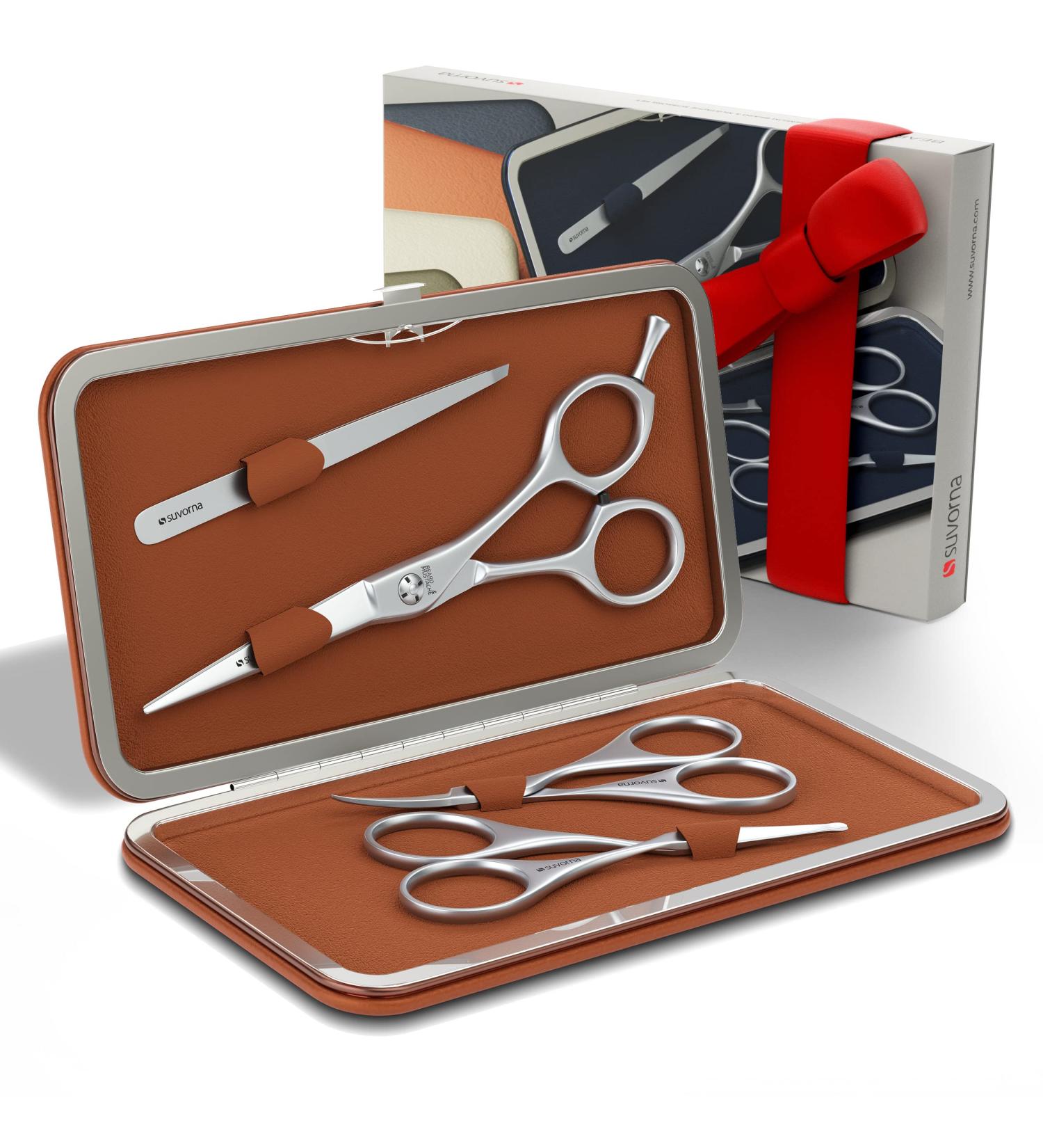 Suvorna 4-Piece Beard Grooming Kit with Multi-Functional Scissors and Tweezers - Professional Men's Facial Hair Grooming Set in Orange Brown - Buy Online on SooperMarket.com