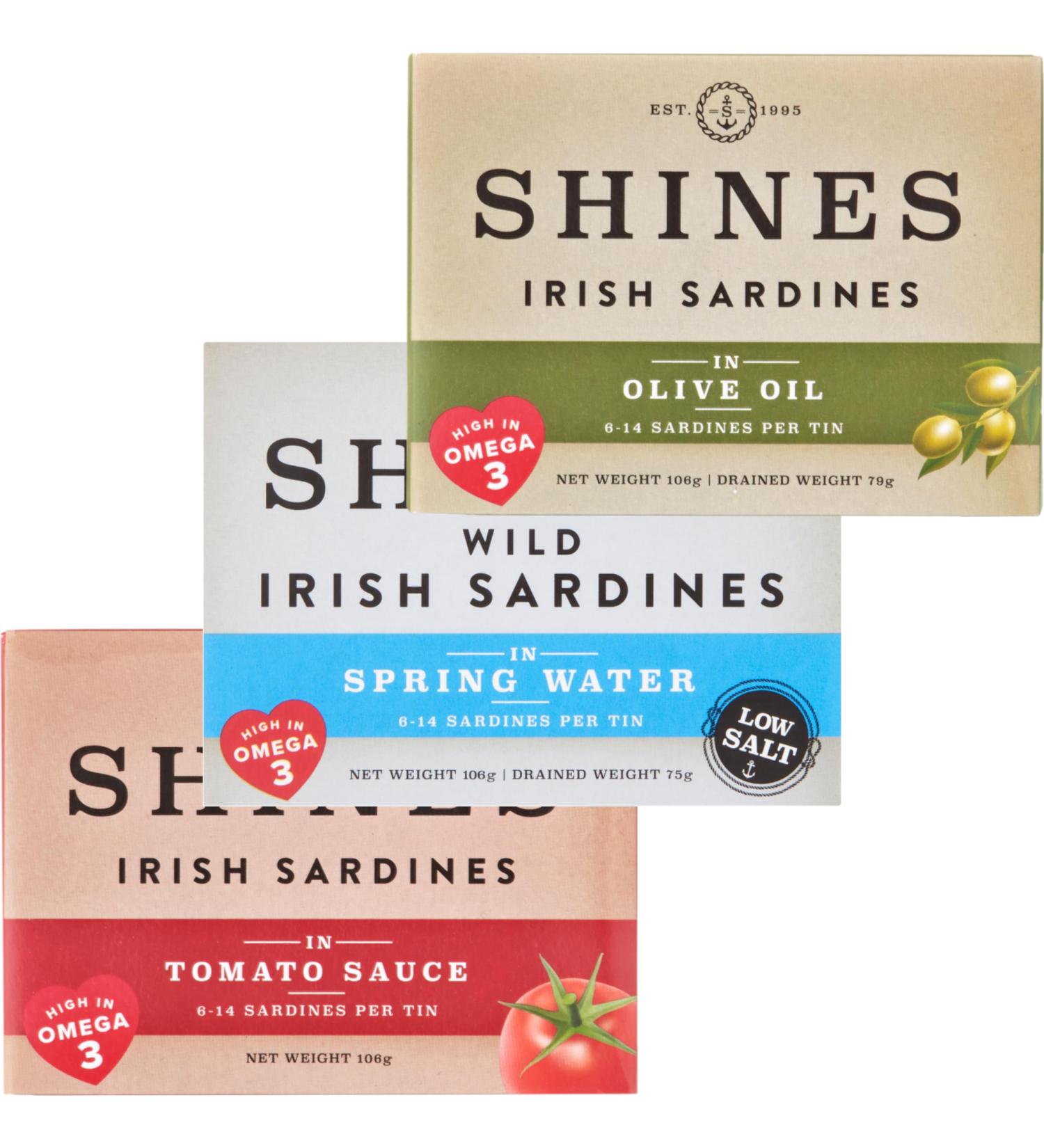 Shines Tinned Irish Sardines in Olive Oil Tomato Sauce and Spring Water - Pilchards - 3x 106g Cans - Buy Online on SooperMarket.com