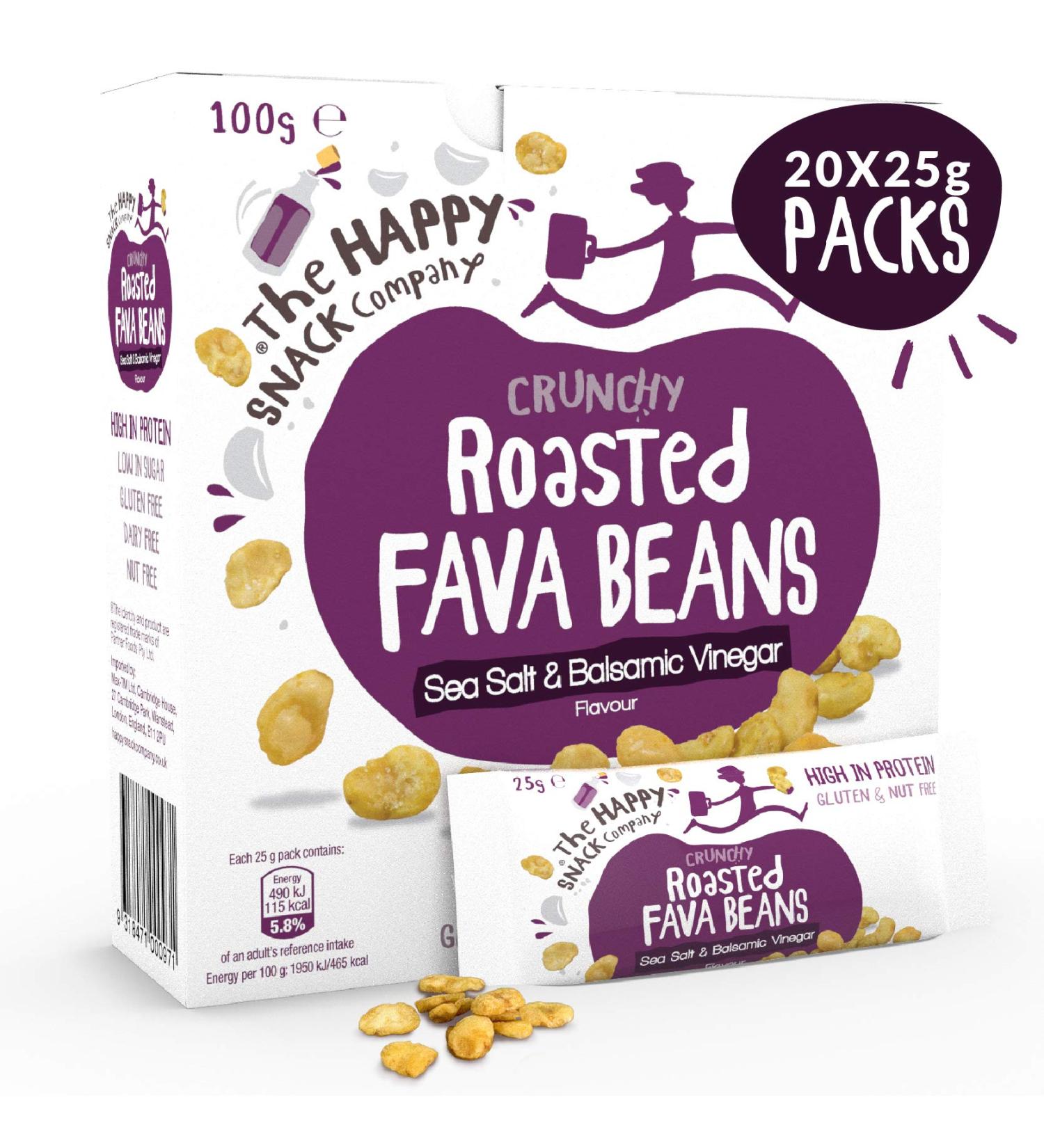 Buy Happy Snack Company Roasted Fava Beans - Sea Salt & Balsamic Flavor | Vegan Gluten-Free Protein-Rich Healthy Snacks (25g 20 Pack) - Buy Online on SooperMarket.com