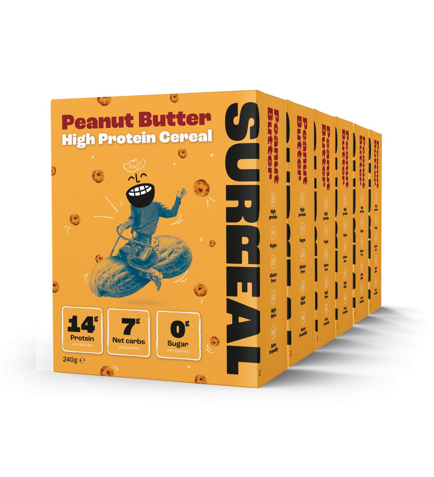 Surreal Peanut - High Protein Cereal - Low Sugar- Healthy Plant Based Cereal - High in Fibre - Low Carb - Gluten Free - Vegan - 13g of Protein 0g of Sugar - 240g per Box - 6 Pack (6 x Peanut) - Buy Online on SooperMarket.com