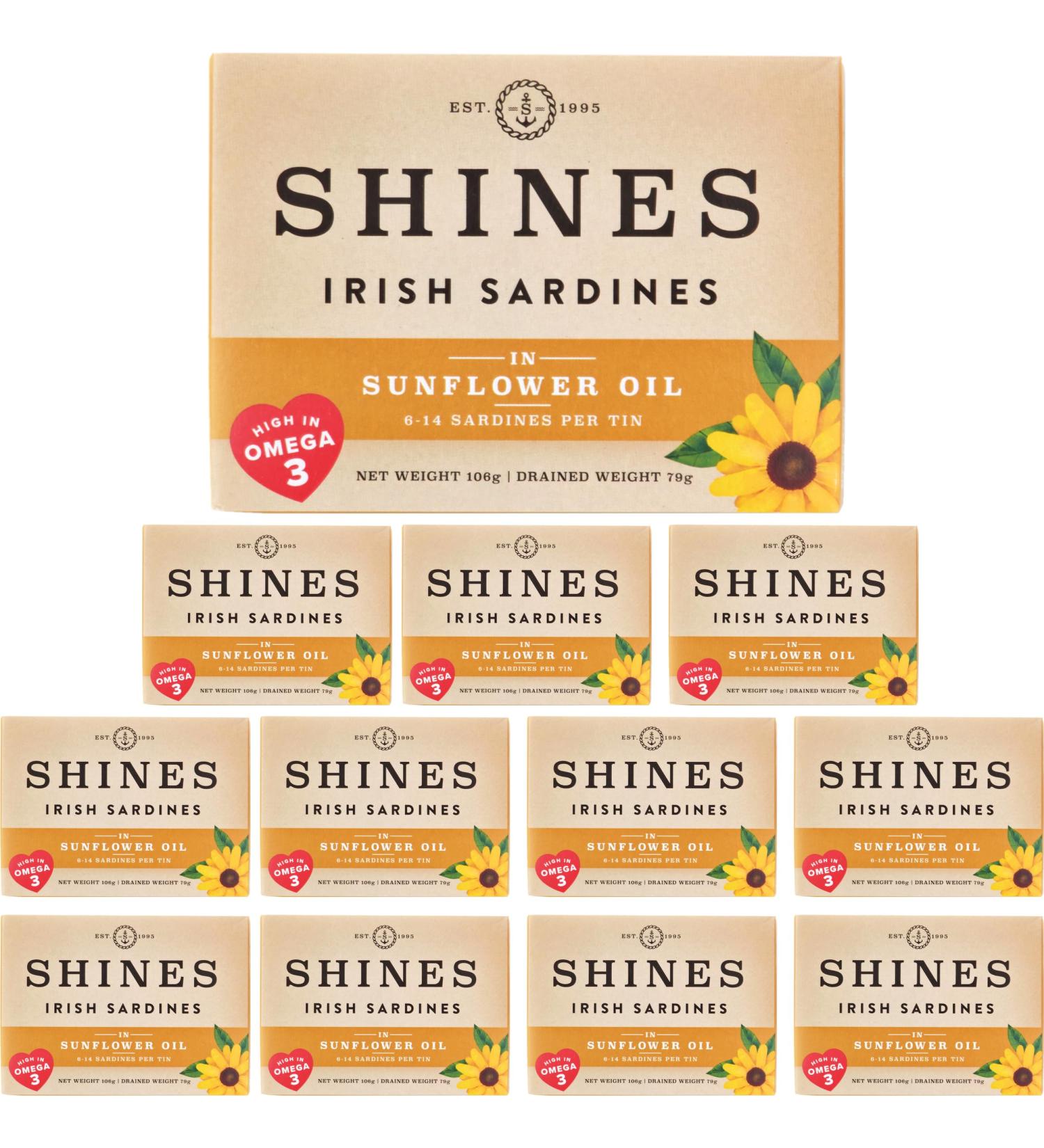 Shines Tinned Irish Sardines in Sunflower Oil - Pilchards - 12 x 106g Cans - Buy Online on SooperMarket.com