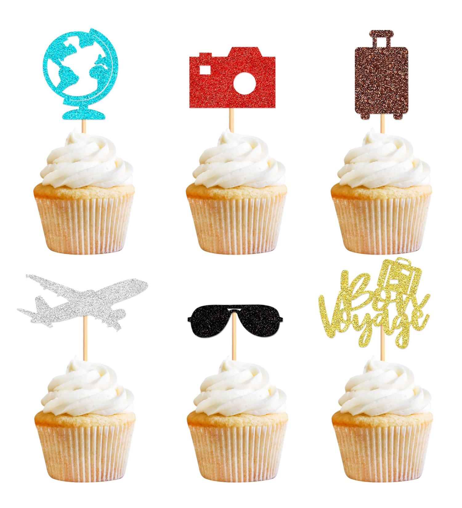 Cyodoos 24 PCS Travel Bon Voyage Airplane Cupcake Toppers Airplane Suitcase map Cake Topper Picks for World Awaits Travel Themed Party Birthday Party Baby Shower Wedding Party Decorations - Buy Online on SooperMarket.com