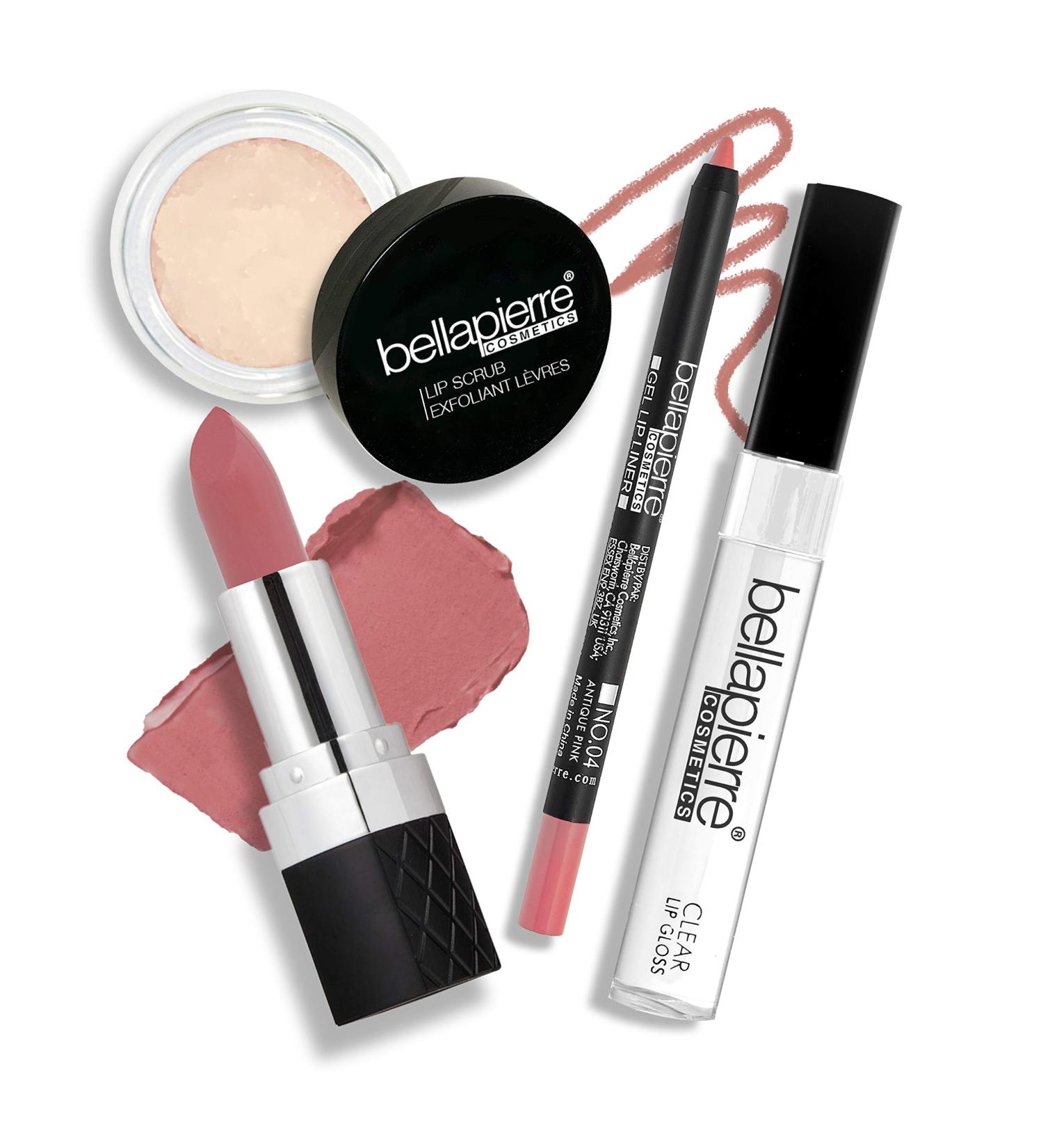 Bellapierre Best in Pout Kit - Non-Toxic Lip Scrub Mineral Lipstick Gel Lip Liner & Clear Gloss | Antique Pink | Cruelty-Free & Paraben-Free Shipping Worldwide - Buy Online on SooperMarket.com