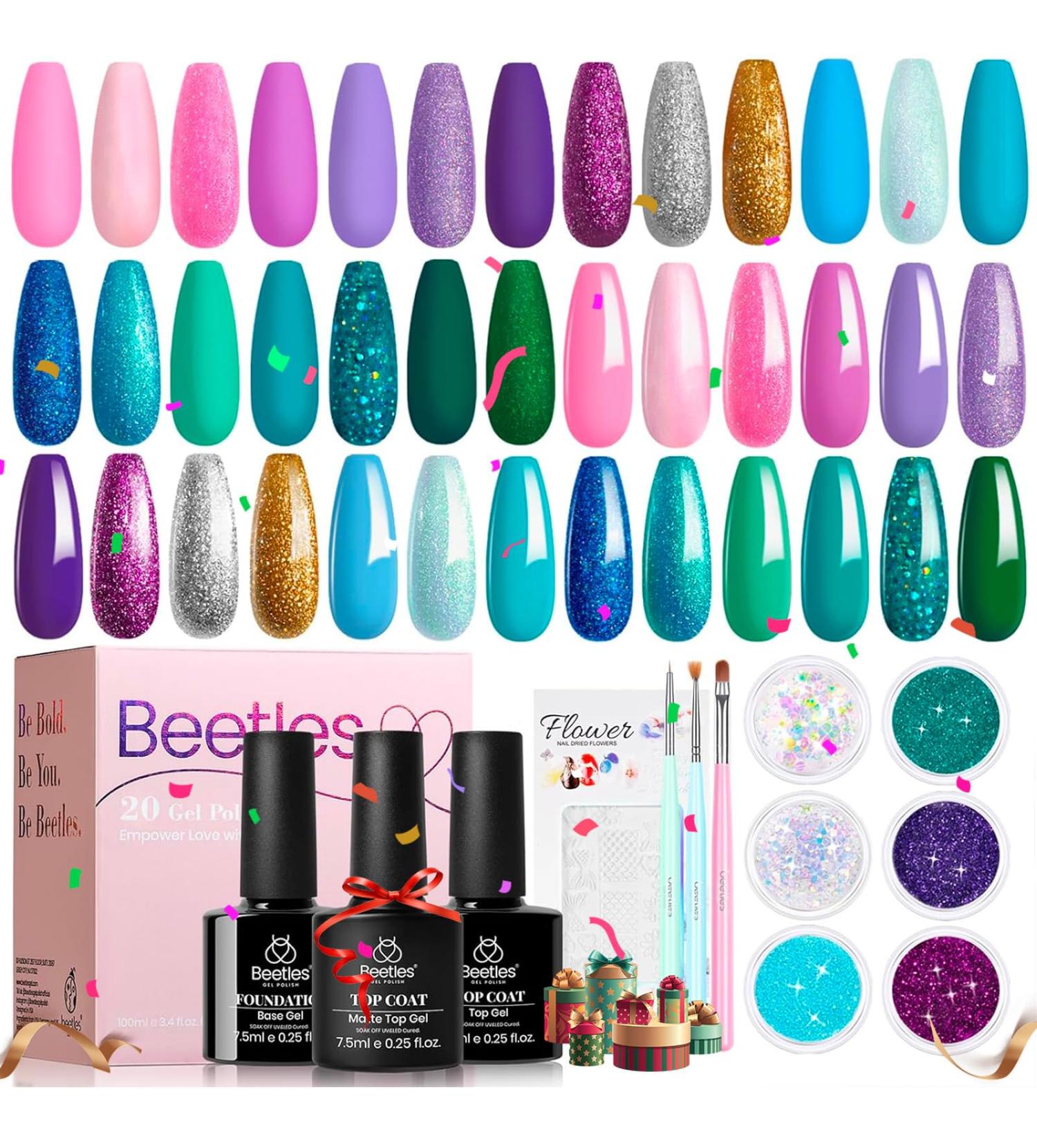 Beetles Mermaid Mantra 20-Color Gel Nail Polish Set with Glitter Soak-Off Shades - Includes Gel Base, Top Coat, Nail Brushes, and Mermaid Stickers - Buy Online on SooperMarket.com
