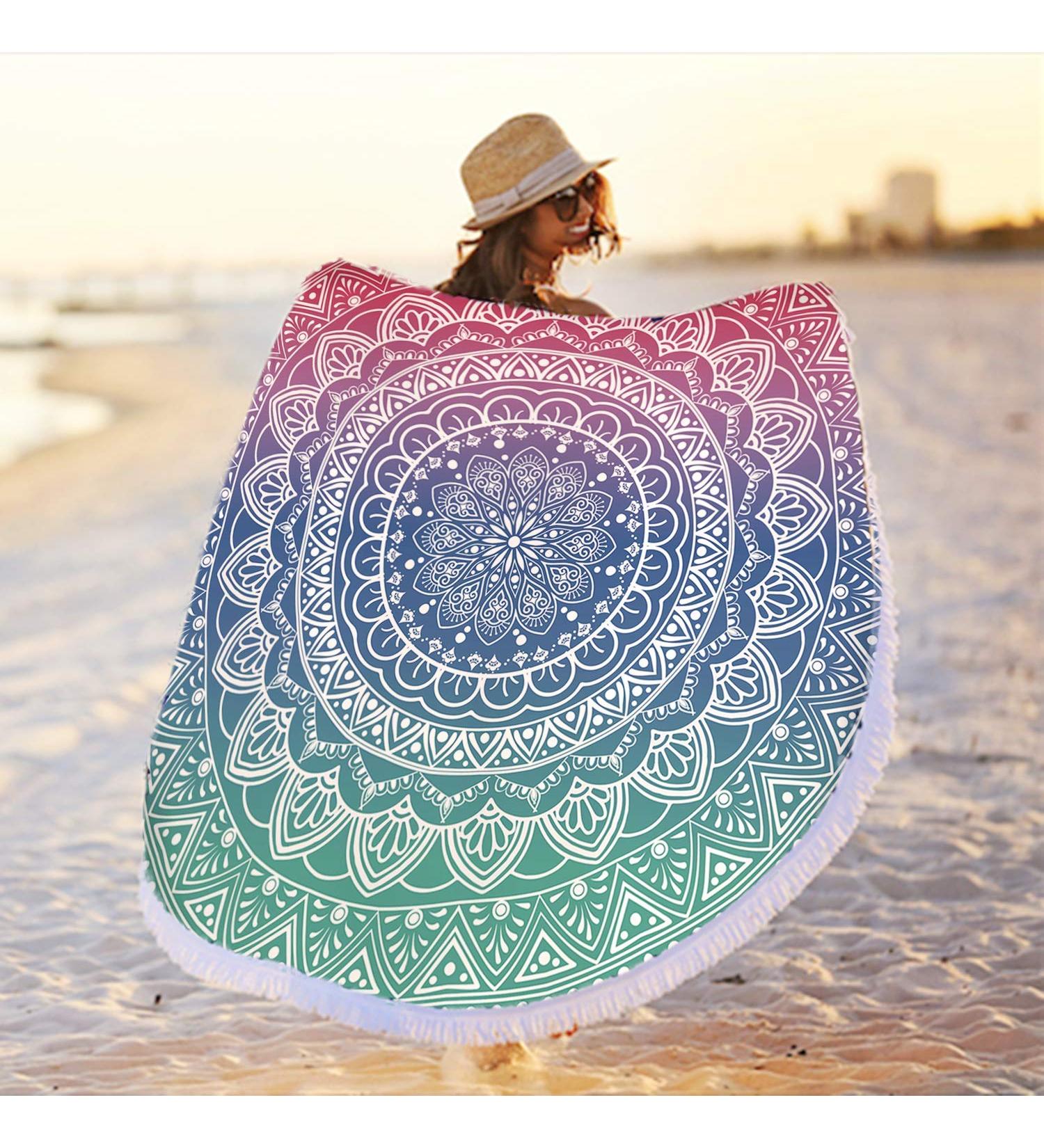 Oversize Round Mandala Beach Towel - Bohemian Quick Dry Microfiber Towel with Tassel - 59 Green Pink Mandala Design - Buy Online on SooperMarket.com