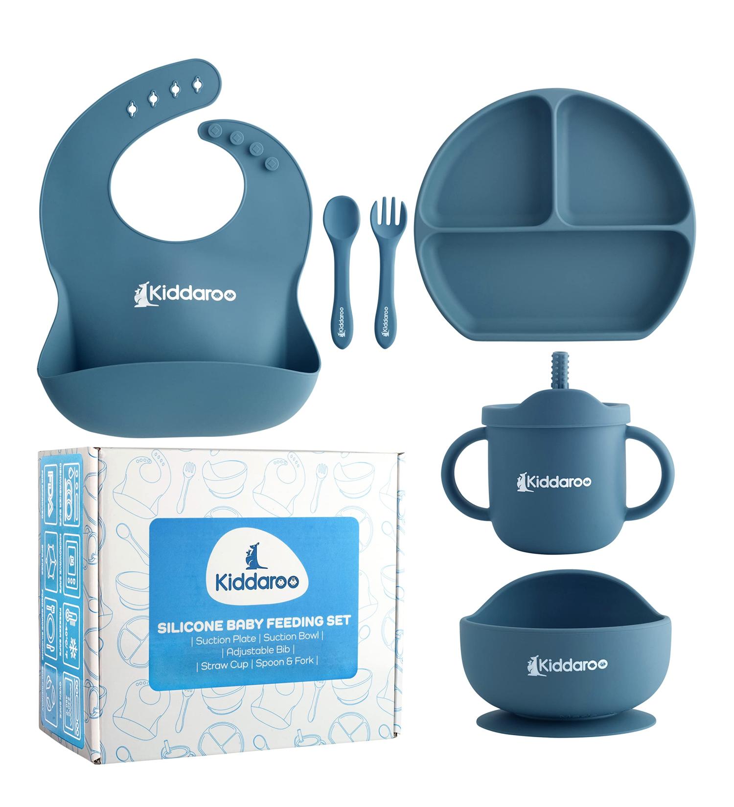 Kiddaroo Baby Weaning Set - Feeding Bib, Sippy Cup, Cutlery, Plate, Bowl - Blue | Baby Led Weaning Essentials with eBook - Buy Online on SooperMarket.com