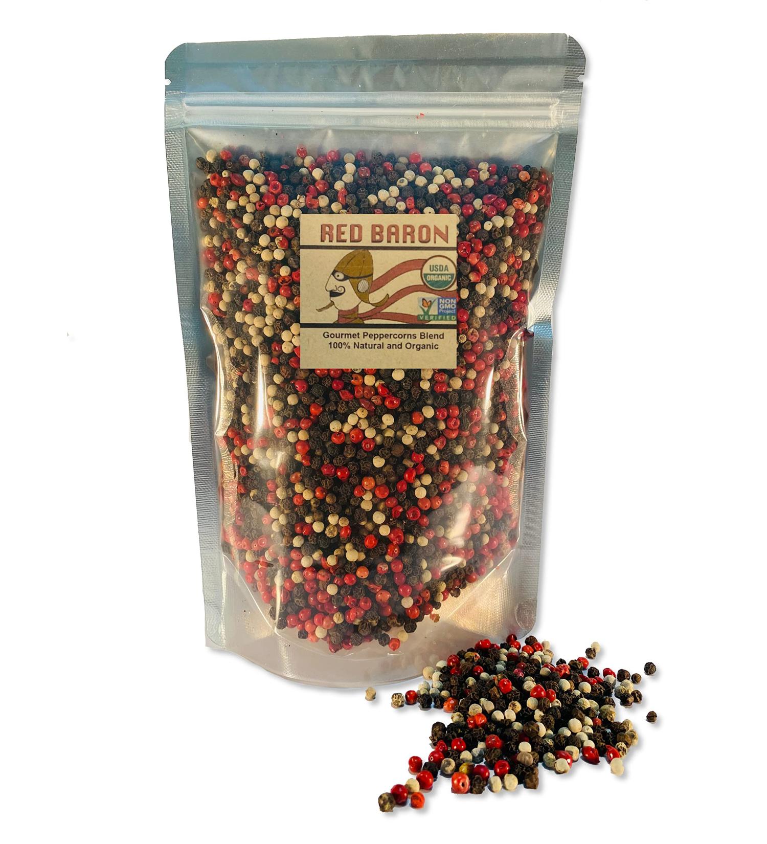 Red Baron Organic Gourmet Peppercorn Blend - 100% Natural, Paleo, Keto, Vegan Friendly, Non-GMO, No Artificial Color - 10 oz Rainbow Blend with Black, Pink, and Red Peppercorns - Buy Online on SooperMarket.com