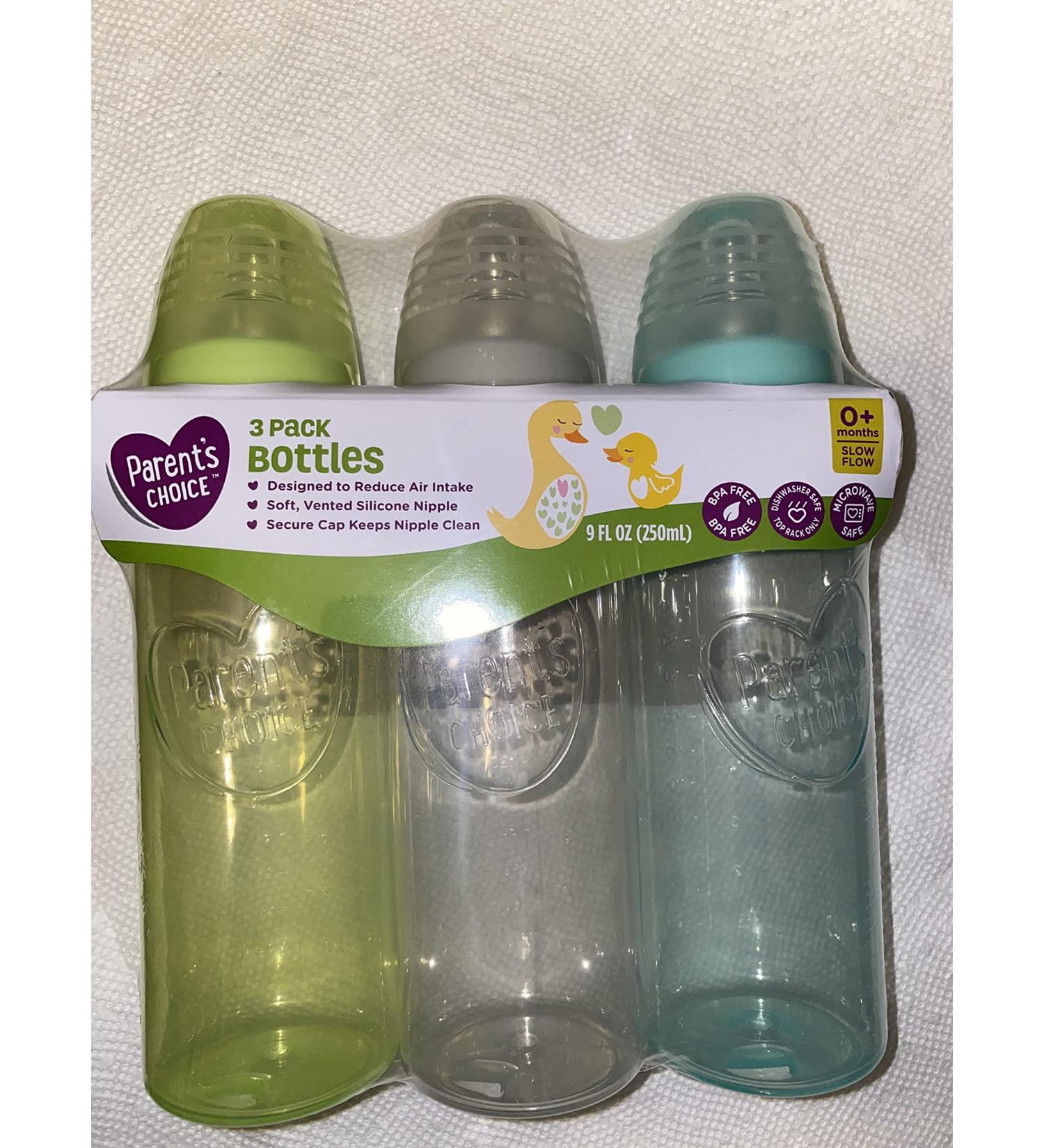 Parent Choice 3 Pack Bottles 0+ Months Slow Flow BPA Free Microwave and Dishwasher Safe 9 ounces