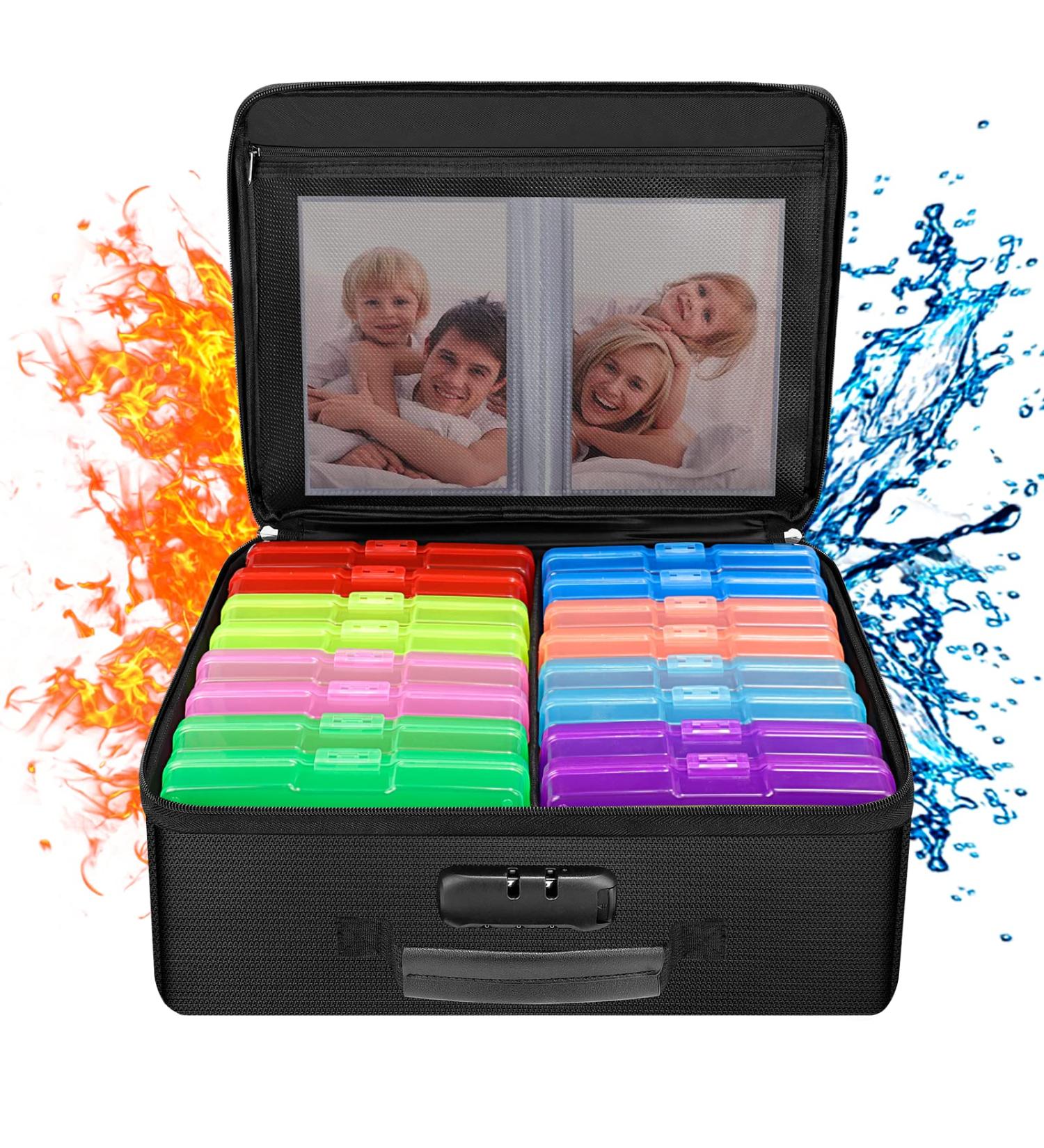 ENGPOW Fireproof Photo Storage Box with 16 Inner Cases - Portable Organizer with Lock for Photos - Collapsible & Multi-Colored - Includes 16 Colored 4 x 6 Photo Cases - Buy Online on SooperMarket.com