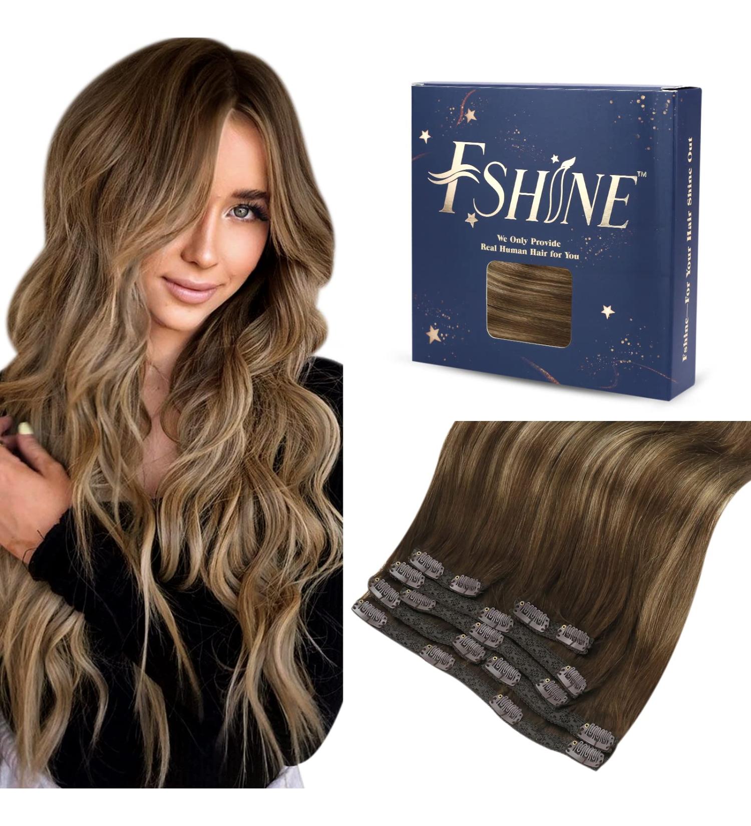 FSHINE 120g Ombre Clip-in Hair Extensions | 100% Remy Human Hair - Dark Brown & Caramel Blonde Balayage - 40cm - 7 Pieces - Buy Online on SooperMarket.com