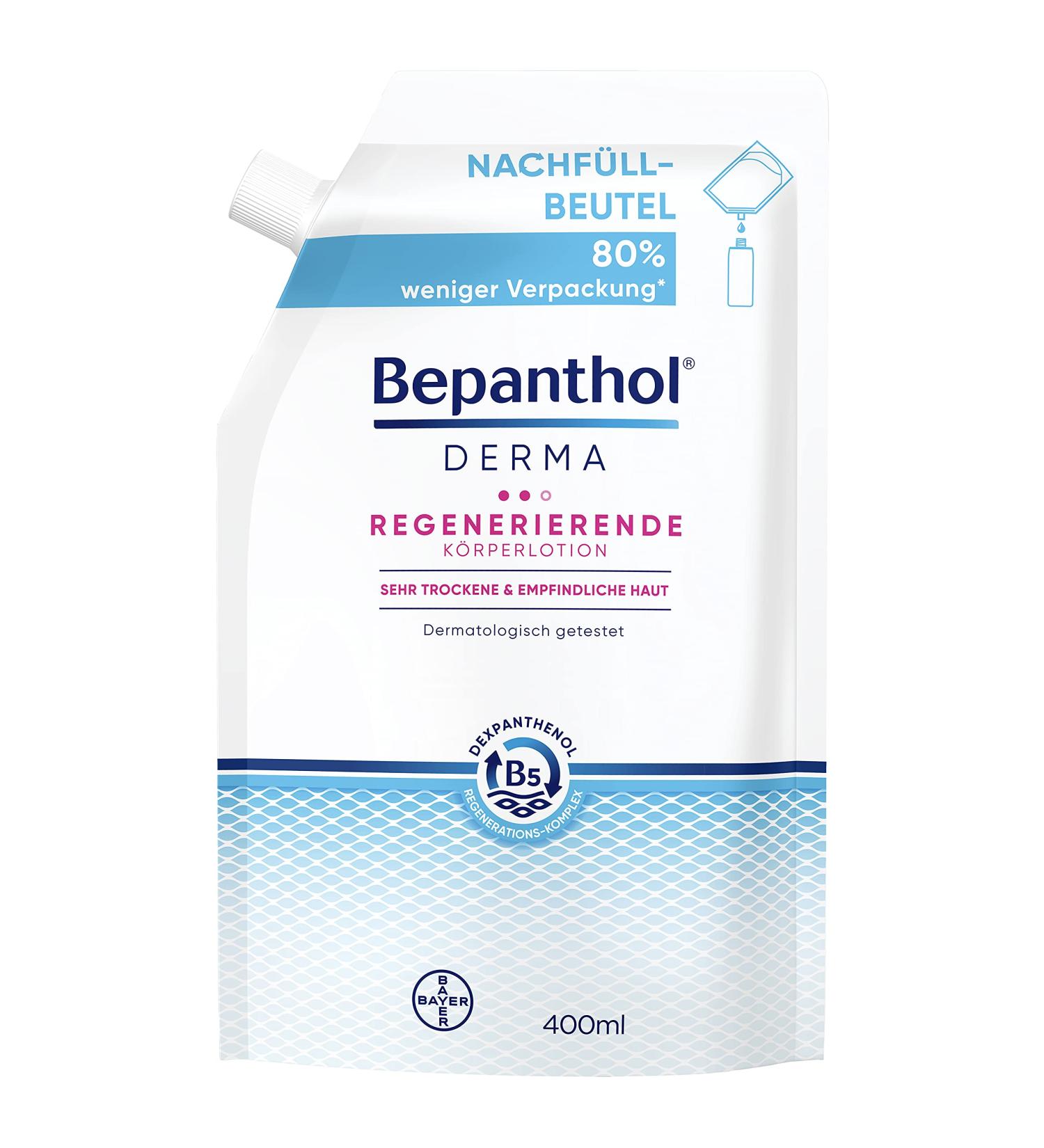 Bepanthol Derma Regenerating Body Lotion 400ml - Moisture Cream for Sensitive & Very Dry Skin - Dermatologically Tested Dexpanthenol Refill Bag - Buy Online on SooperMarket.com