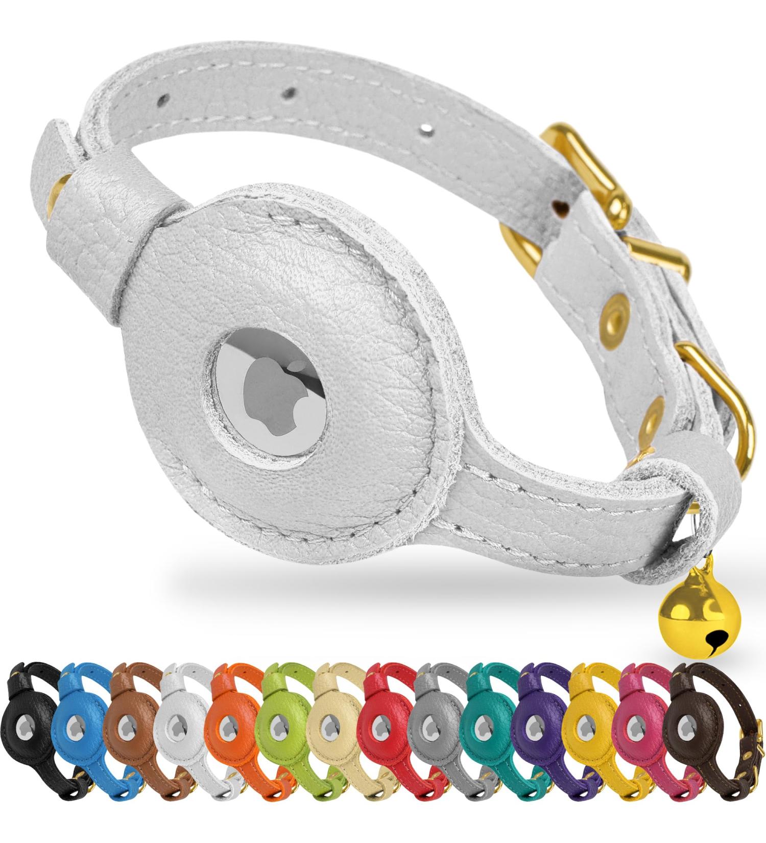 Oopsdoggy Leather AirTag Cat Collar with Bells - Durable GPS Pet Neckband for Cats & Small Dogs (White) - Buy Online on SooperMarket.com