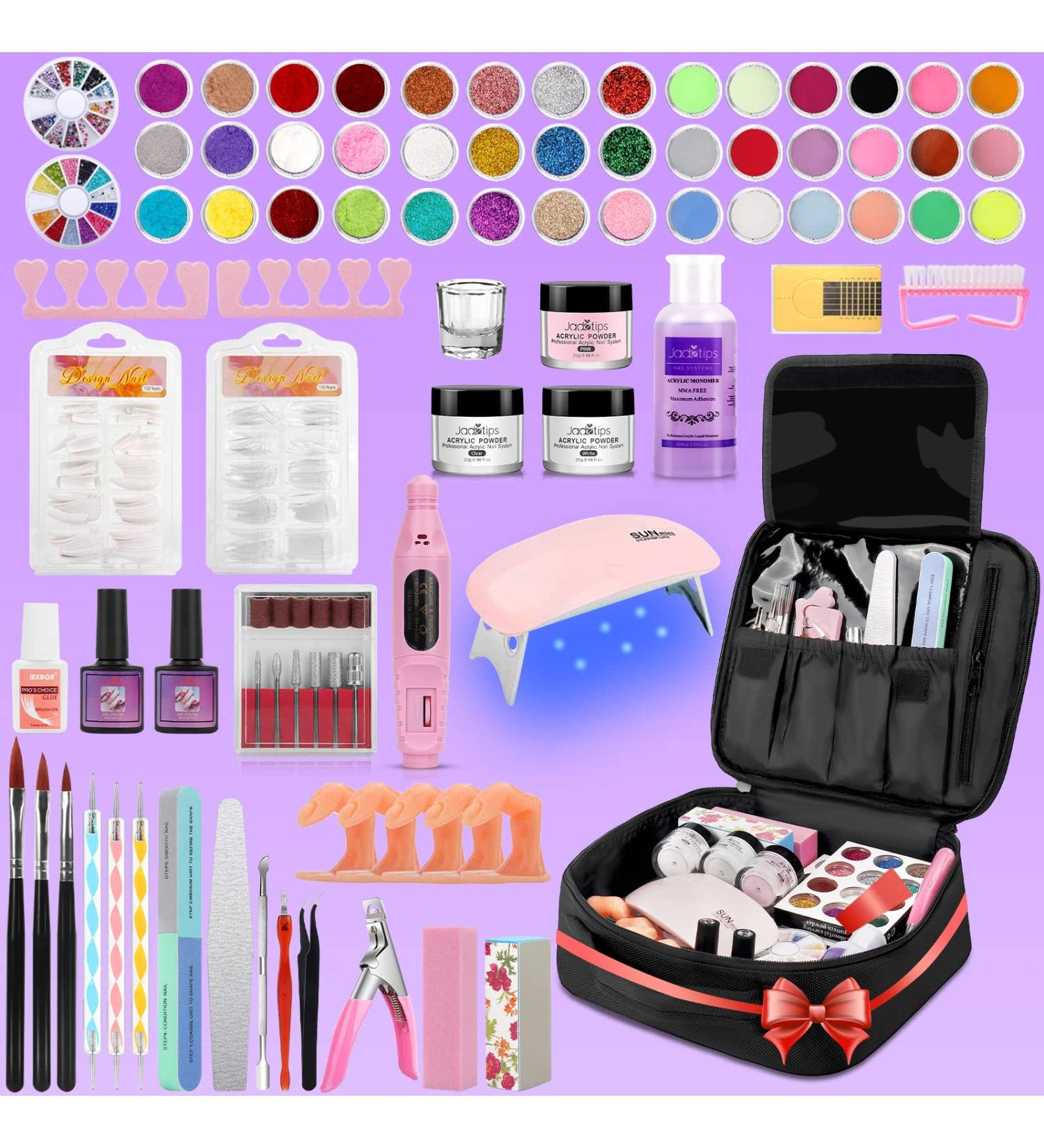 Professional Acrylic Nail Kit for Beginners - 42 Colors, Glitter Powder, Monomer Liquid, Drill, UV Light & Bag Case - Buy Online on SooperMarket.com