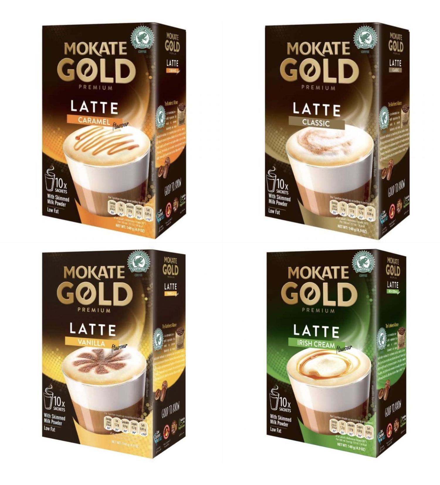 Mokate Gold Premium Latte 4 flavours Caramel Classic Irish cream Vanilla 4x 10 Sachets - Buy Online on SooperMarket.com