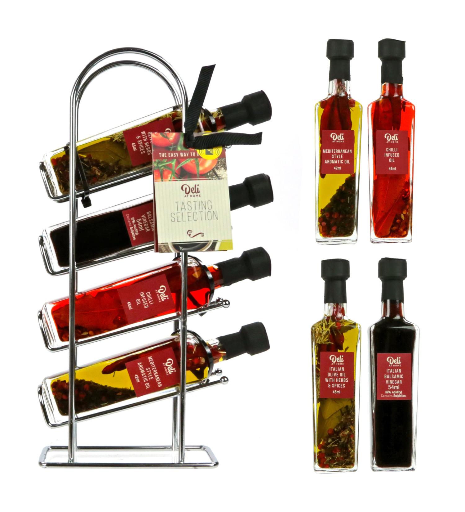 Premium Olive Oil Gift Set - 4 Infused Olive Oils & Balsamic Vinegar in Metal Rack - Perfect Italian Cooking Gift for Chefs - Buy Online on SooperMarket.com