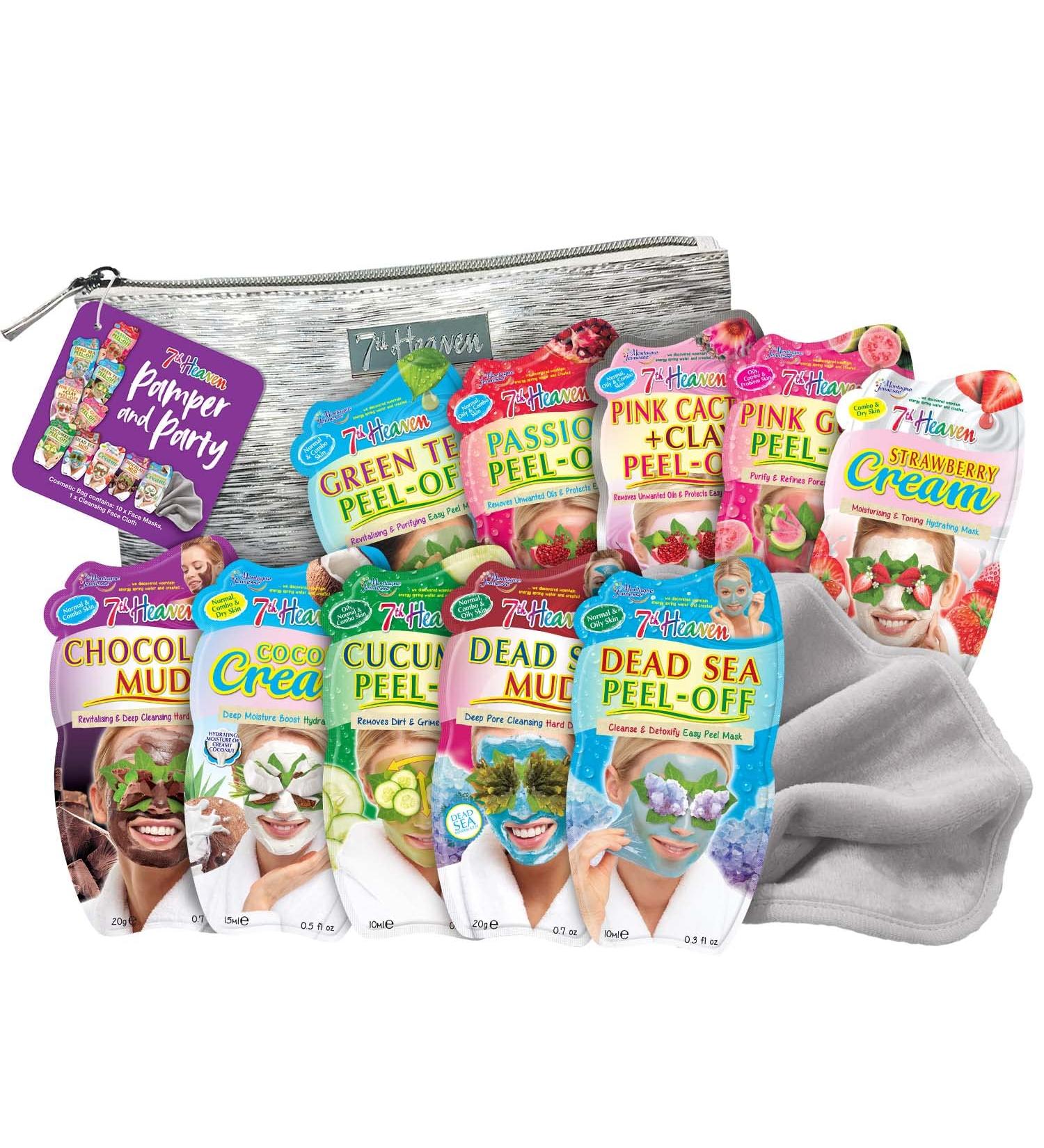 7th Heaven Pamper & Party Skincare Set - 10 Face Masks + Silver Makeup Bag & Cleansing Cloth - Buy Online on SooperMarket.com