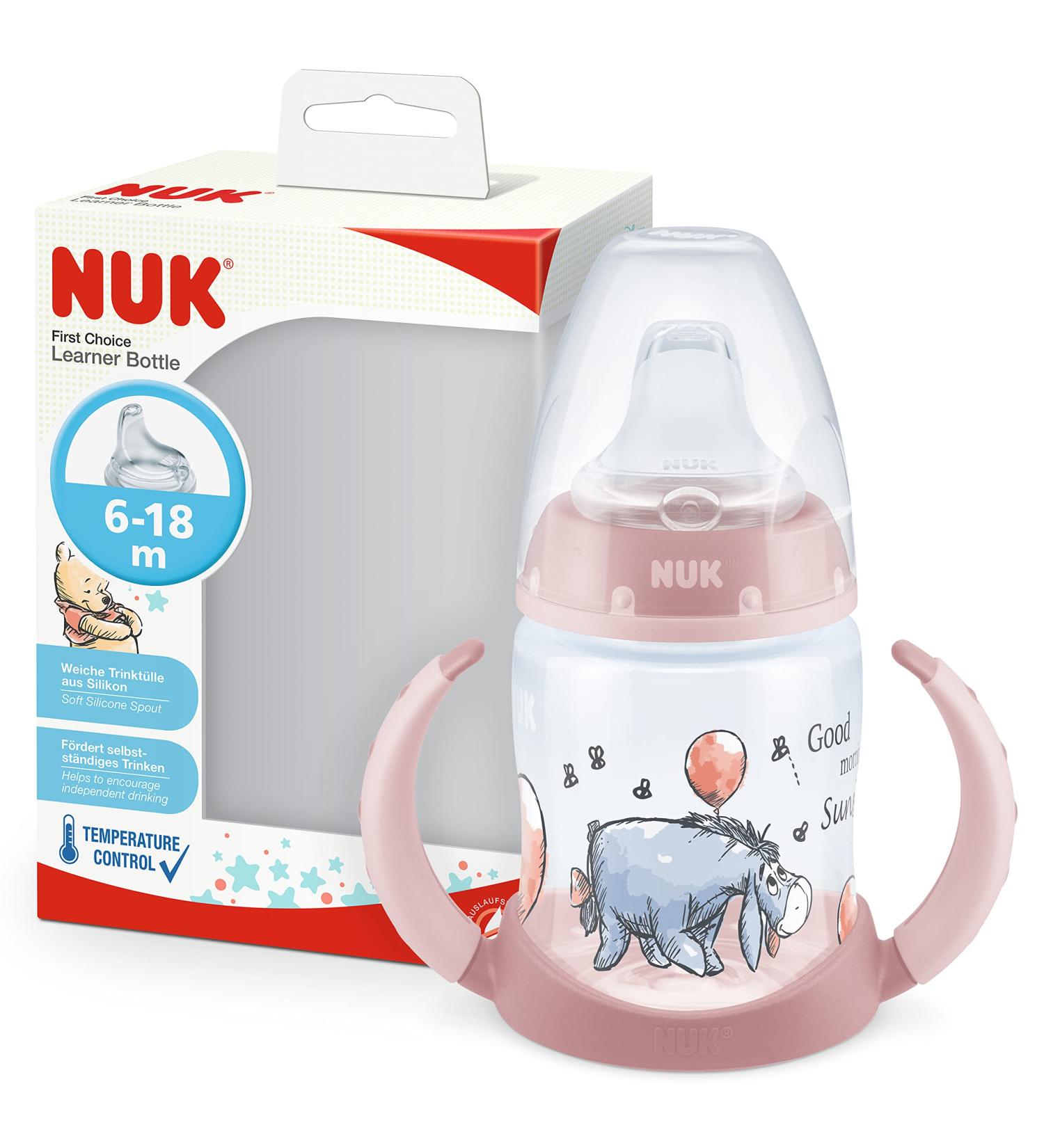 Nuk First Choice+ Disney Winnie the Pooh Drinking Bottle 150ml | 6-18 Months | Temperature Control & Anti-Colic | BPA-Free | Ergonomic Design - Buy Online on SooperMarket.com