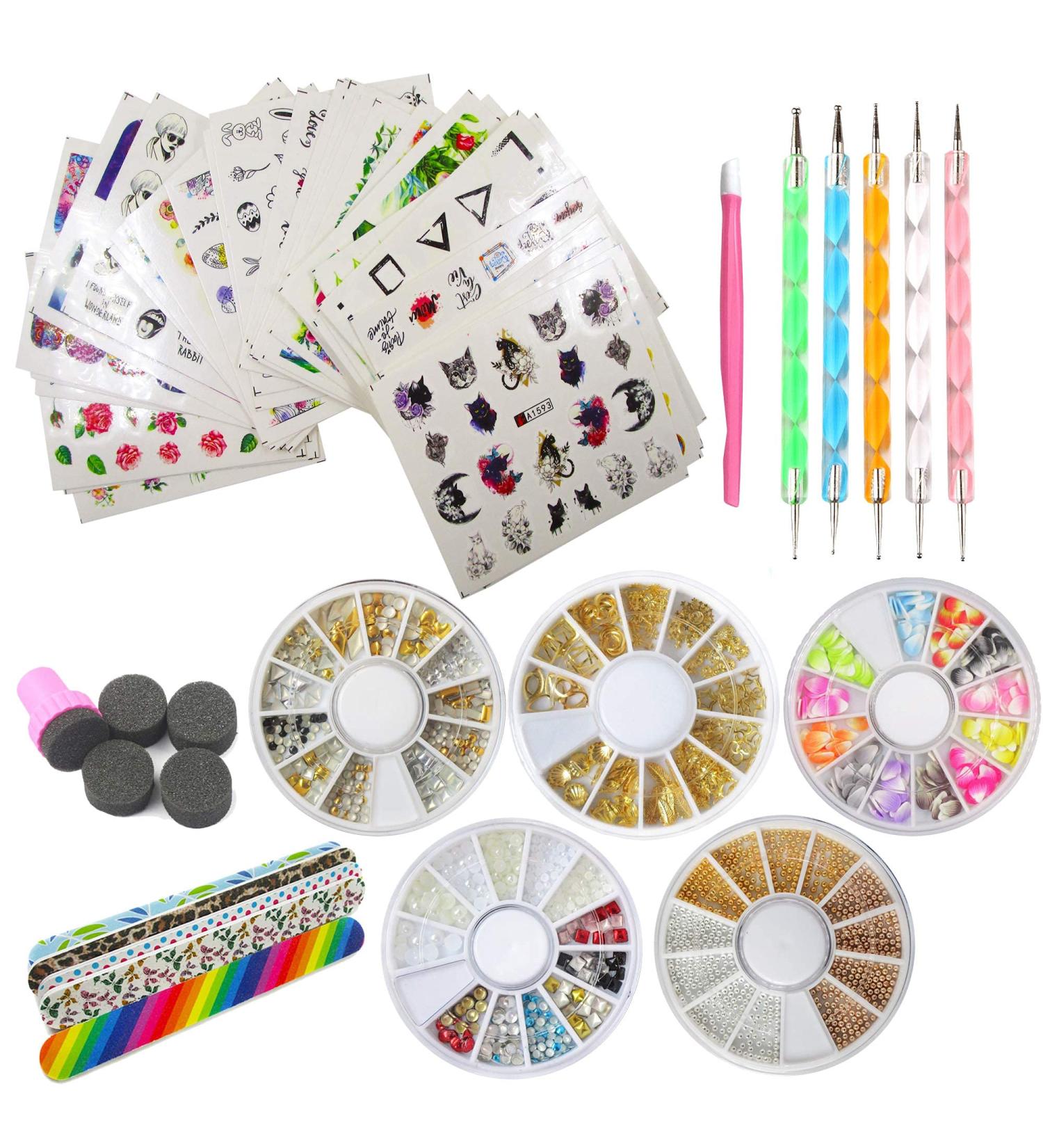 48 Sheet Water Transfer Nail Sticker Decals with Rhinestones, Metal Studs, Nail Files, Dotting Pen - Nail Art Tools Kit for DIY Manicure and Fingernail Designs - Buy Online on SooperMarket.com