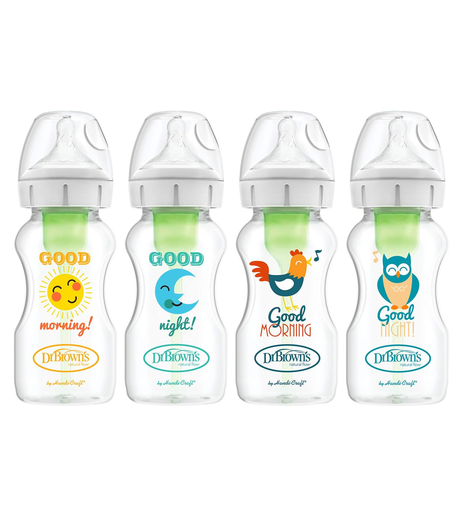 Dr. Brown's Natural Flow Anti-Colic Options+ Wide Bottles 9 oz 4 Pack - Level 1 Slow Flow Nipple - Good Morning/Good Night Gift Set - Buy Online on SooperMarket.com