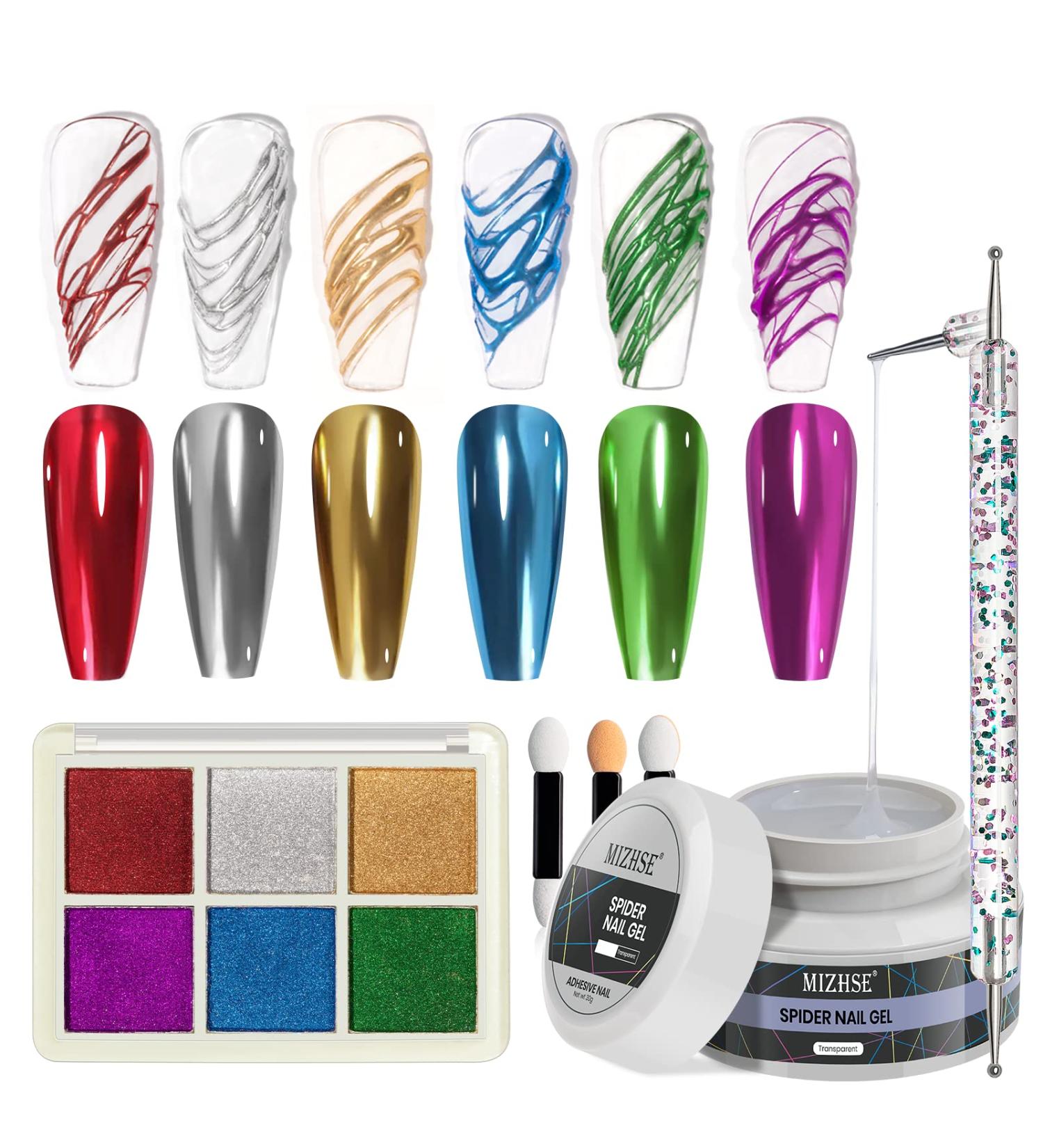 MIZHSE Clear Spider Gel + 6 Colors Chrome Nail Powder Set for Metallic Mirror Effect Nail Art - DIY Manicure Kit - Buy Online on SooperMarket.com