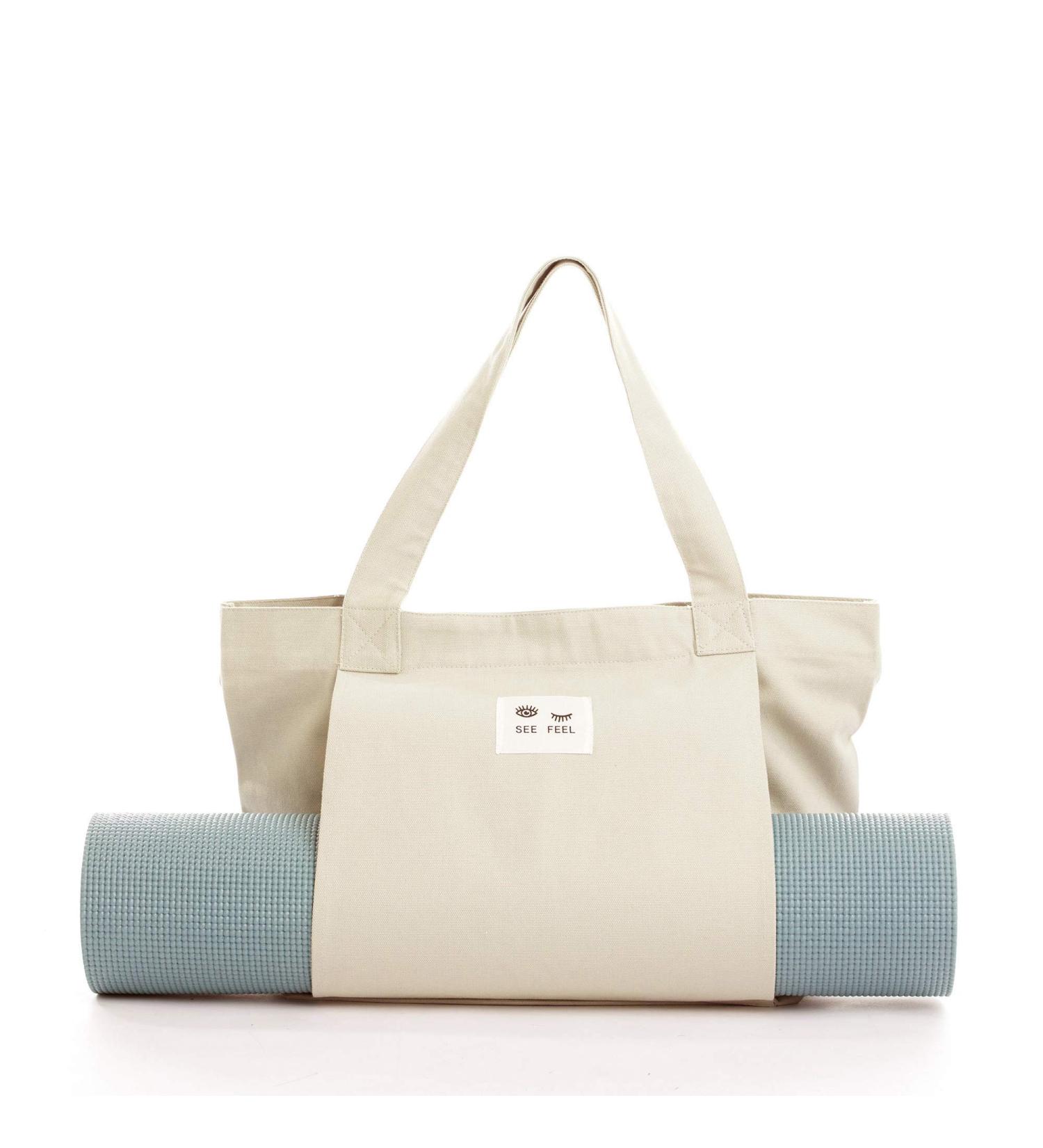 Yoga Pilates Mat Bag Basic Canvas Tote with Mat Carrier Pocket Beige