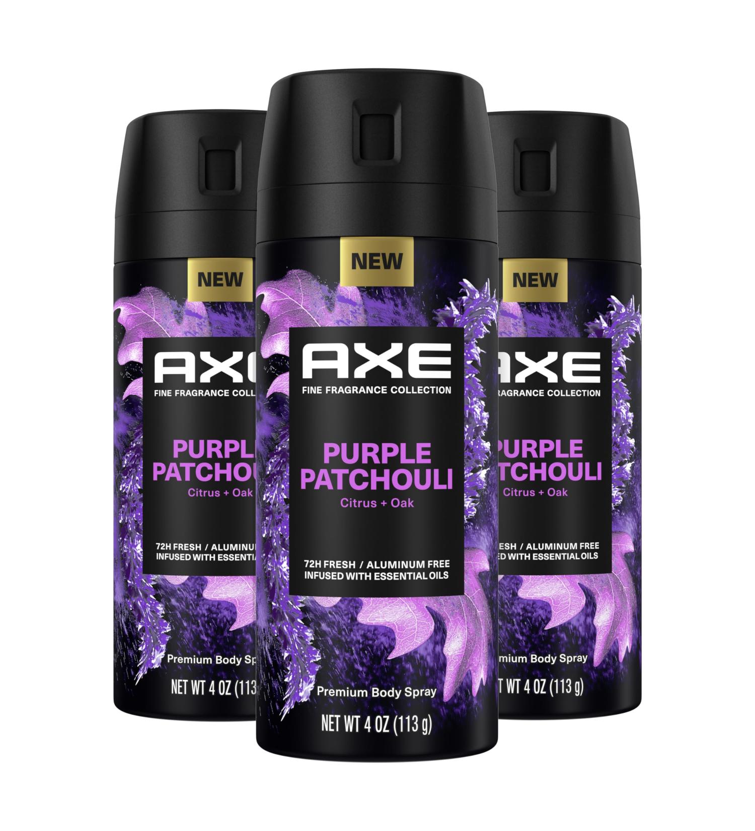 AXE Fine Fragrance Collection Premium Body Spray Purple Patchouli with Citrus + Oak Essential Oils 3 Count with 72H Odor Protection Aluminum-Free 4 oz - Buy Online on SooperMarket.com