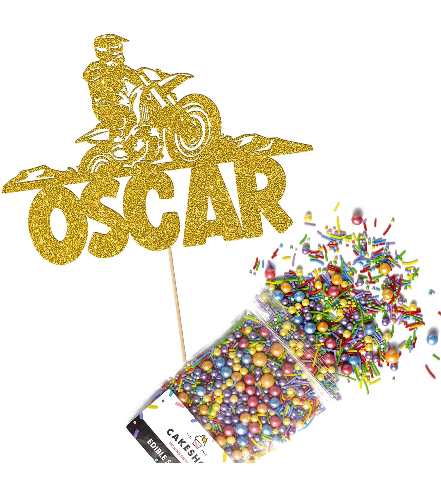 Cakeshop Cake Decoration Pack | Motorcross Dirtbike Theme Premium Double Sided Glitter Card Cake Topper & 25g Party Pack of Cake Sugar Sprinkles | Custom Name Cake Decorations (Gold) Prime Glitter Card: Gold - Buy Online on SooperMarket.com