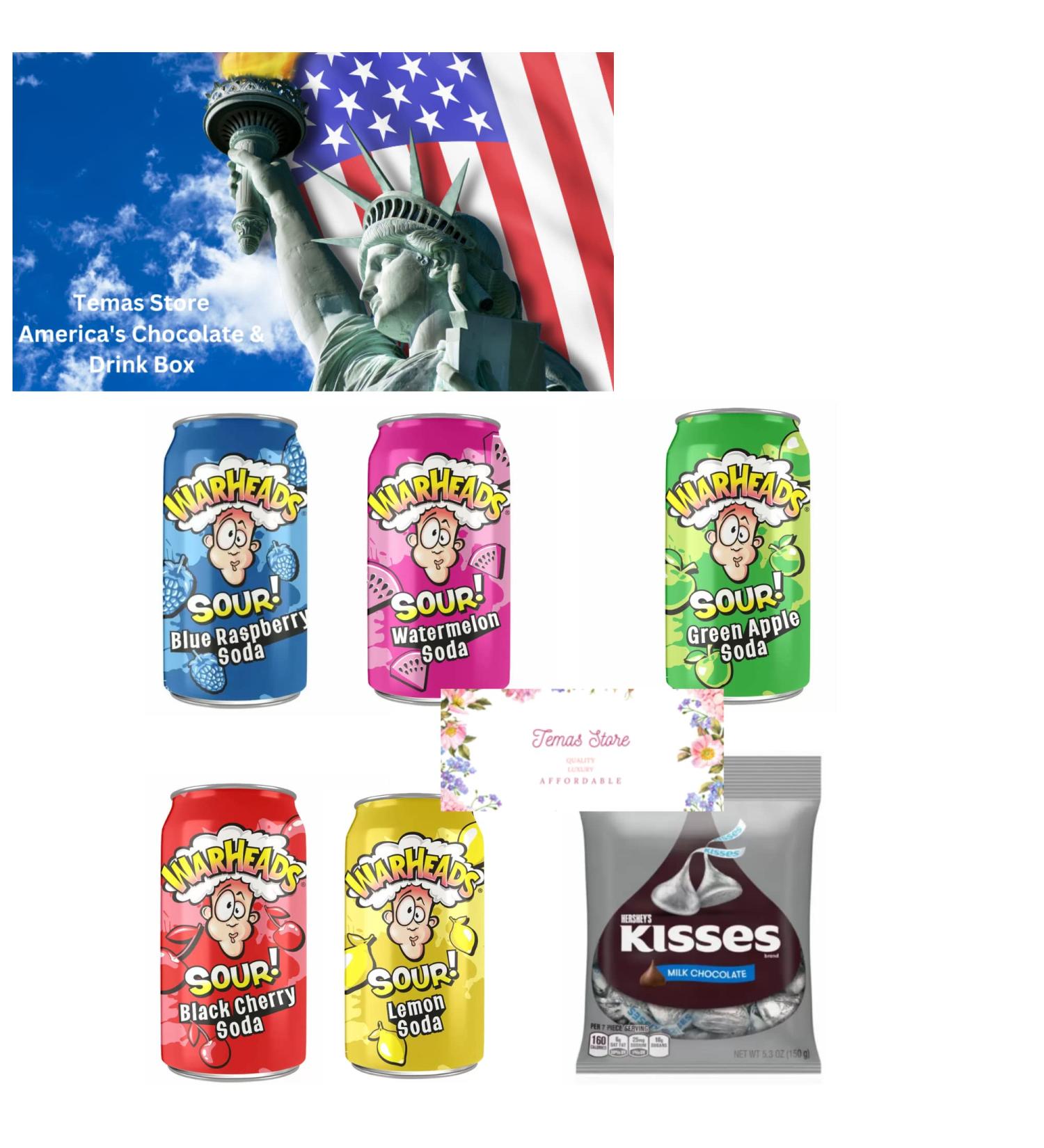 Temas American Drinks & Chocolates Bundle Gift Box Includes Warheads Sour Soda Cans 5 Variety Flavours 355ml & Hershey s Kisses Milk Chocolate - Buy Online on SooperMarket.com
