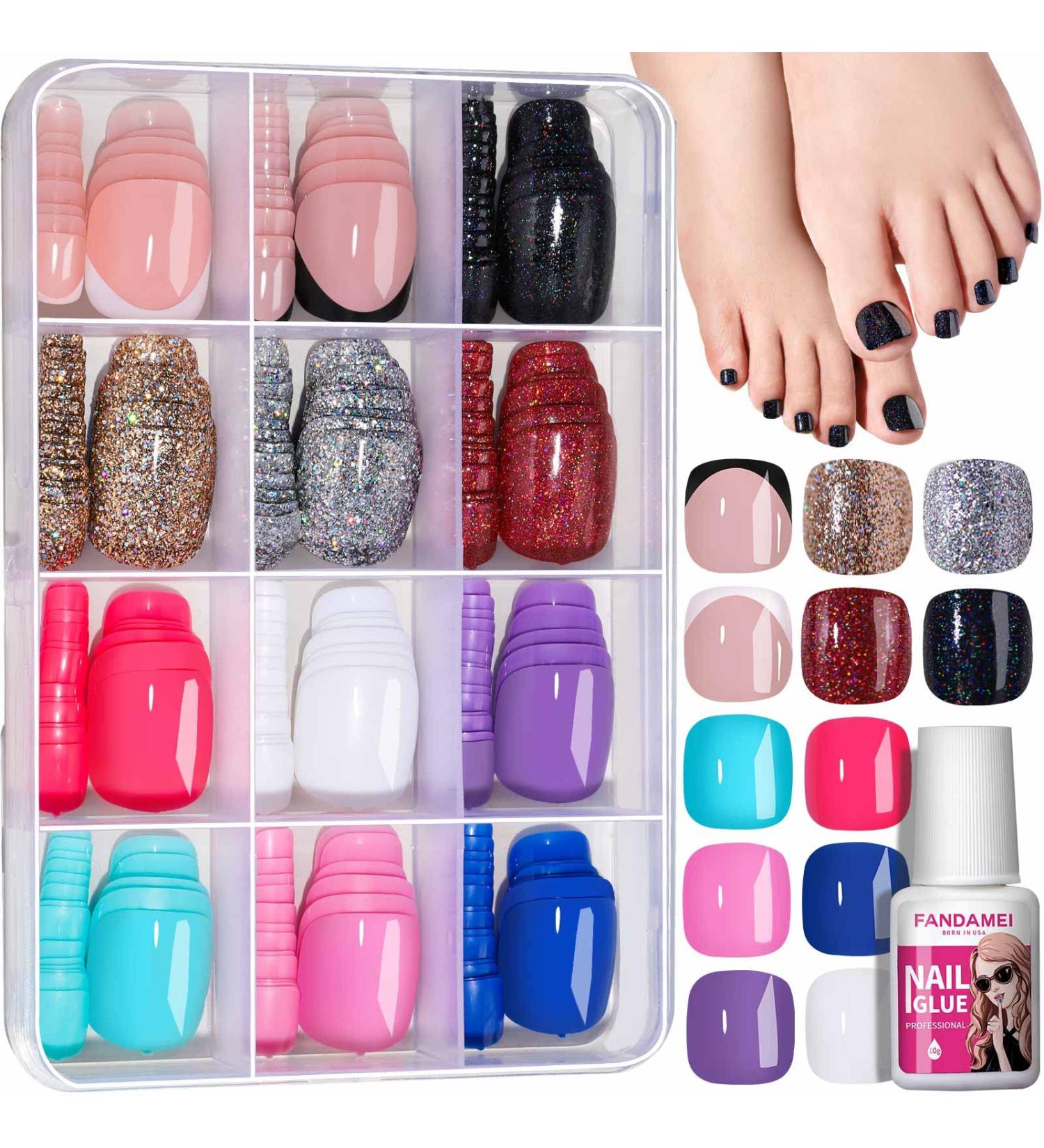 FANDAMEI 12 Colors 288PCS Press on Toe Nails Set - Short Square, Glitter & Glossy False Toenails | French Tip for Summer Nail Art - Buy Online on SooperMarket.com
