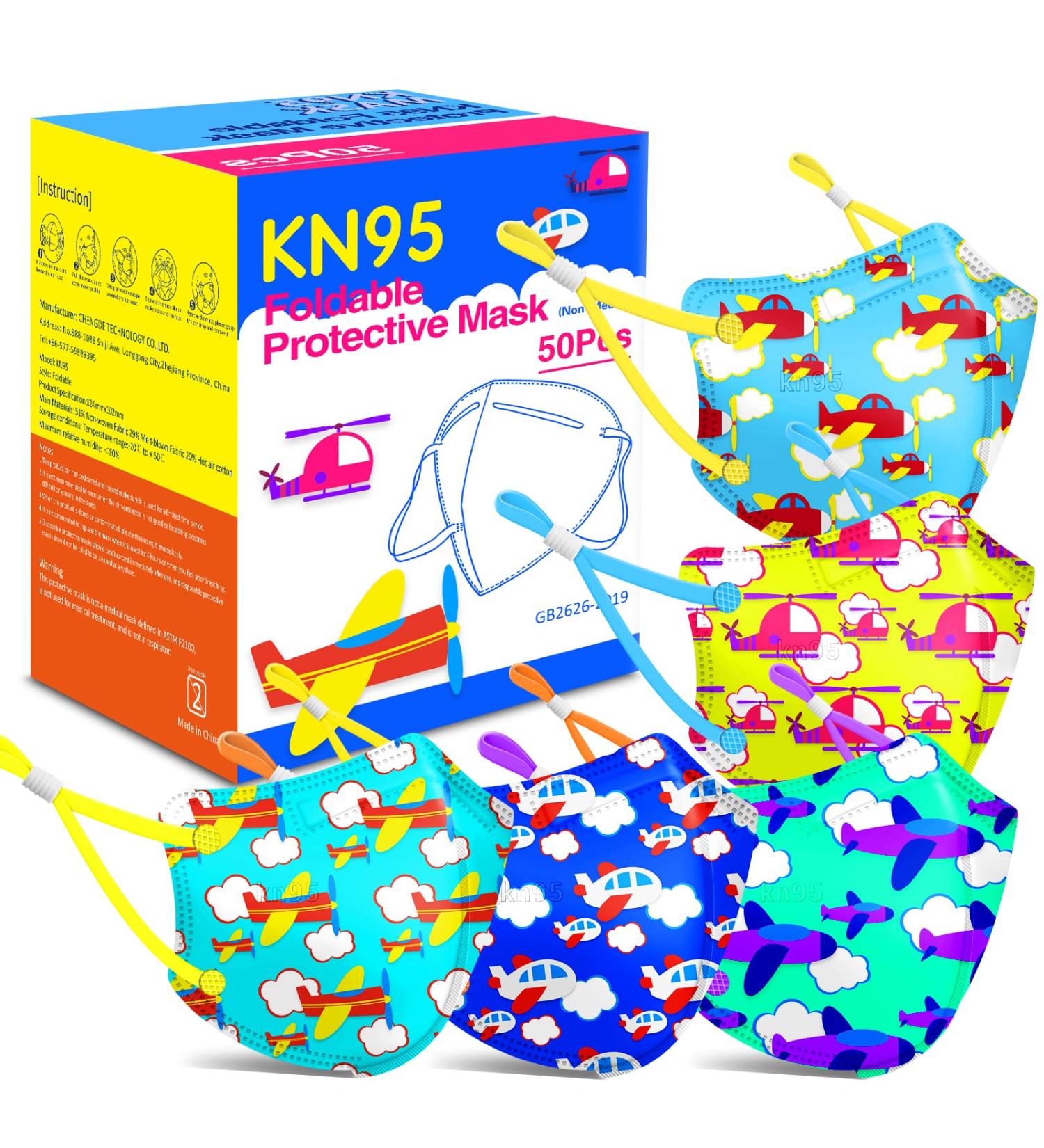 RANTO Kids KN95 Masks for Children 50 Pack - Breathable Face Masks for Girls Boys - 5-Layer Protection - Adjustable Earloop - A-airplane Pattern - Buy Online on SooperMarket.com