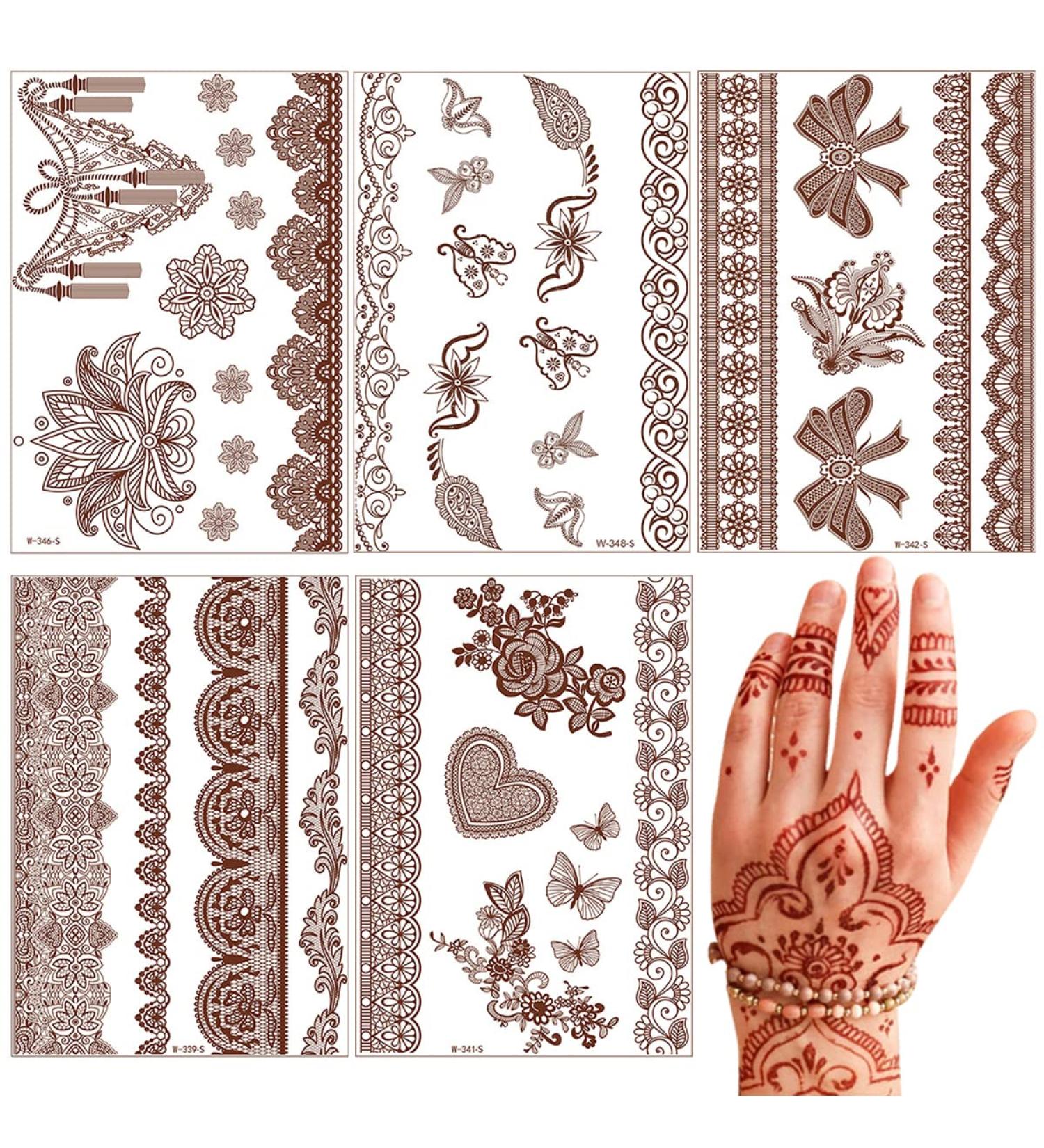 Brown Henna Temporary Tattoo Stickers - Waterproof Lace Designs for Women - Festive Party Favors - 5 Sheets - Buy Online on SooperMarket.com