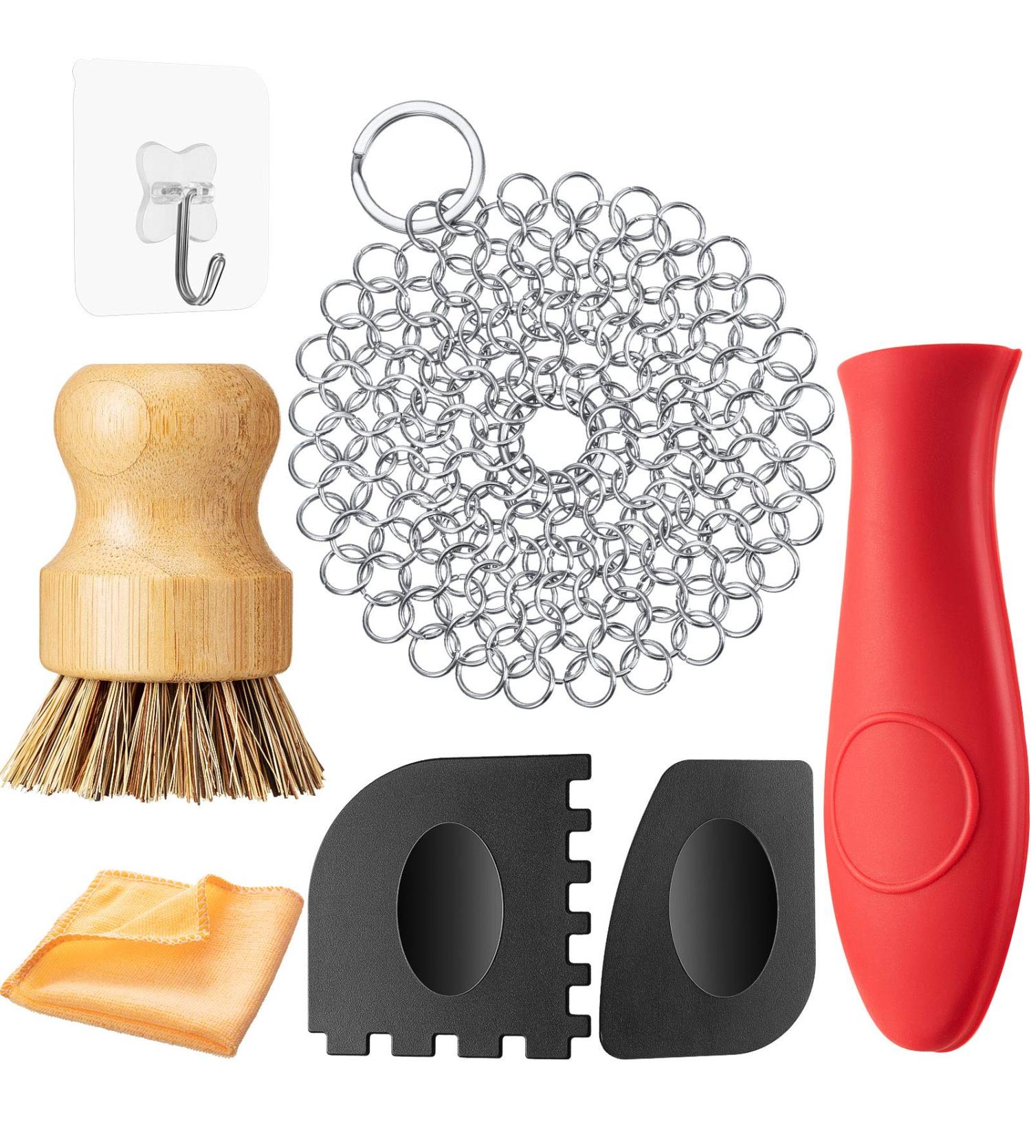7-Piece Cast Iron Cleaner Set with Stainless Steel Chainmail Scrubber, Bamboo Dish Brush, Hot Handle Holder, Grill Scrapers, Kitchen Towel & Wall Hook - Buy Online on SooperMarket.com