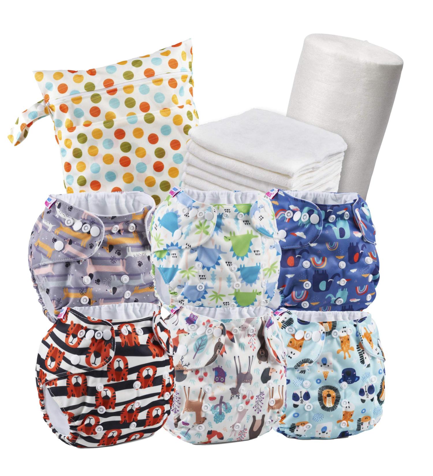 Eco-Friendly Reusable Cloth Nappies Set - 6 Washable Diapers, Bamboo Inserts, Biodegradable Liner, Wet Bag - Chemical-Free Baby Care - Buy Online on SooperMarket.com