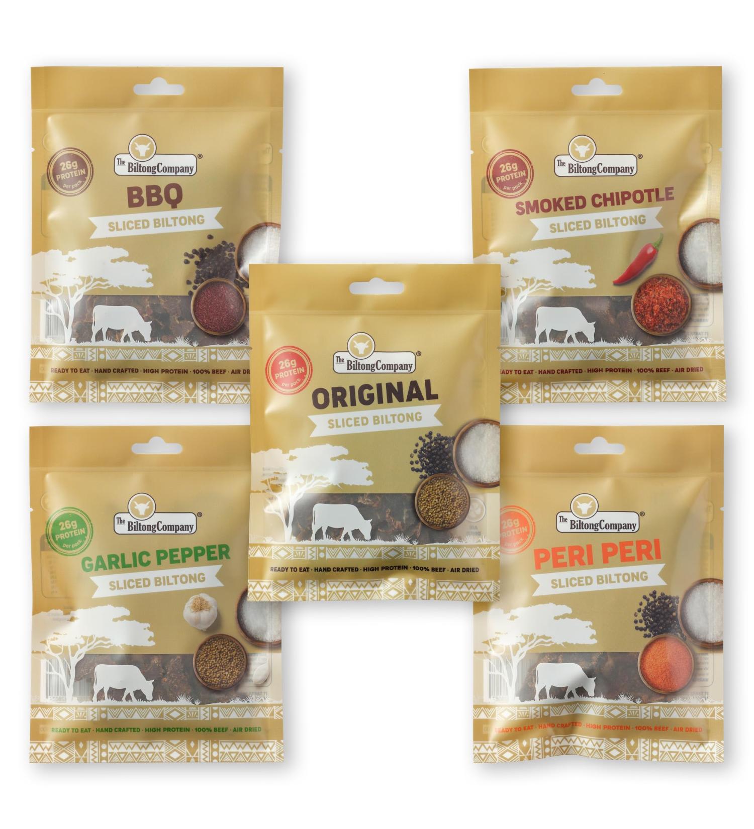 Sliced Biltong 5 Flavours - 5 x 50g (250g) Natural Spicy Beef Biltong by The Biltong Company High in Protein & Keto Diet-Approved Lean Biltong Spiced Meat Snack Like Jerky - Buy Online on SooperMarket.com