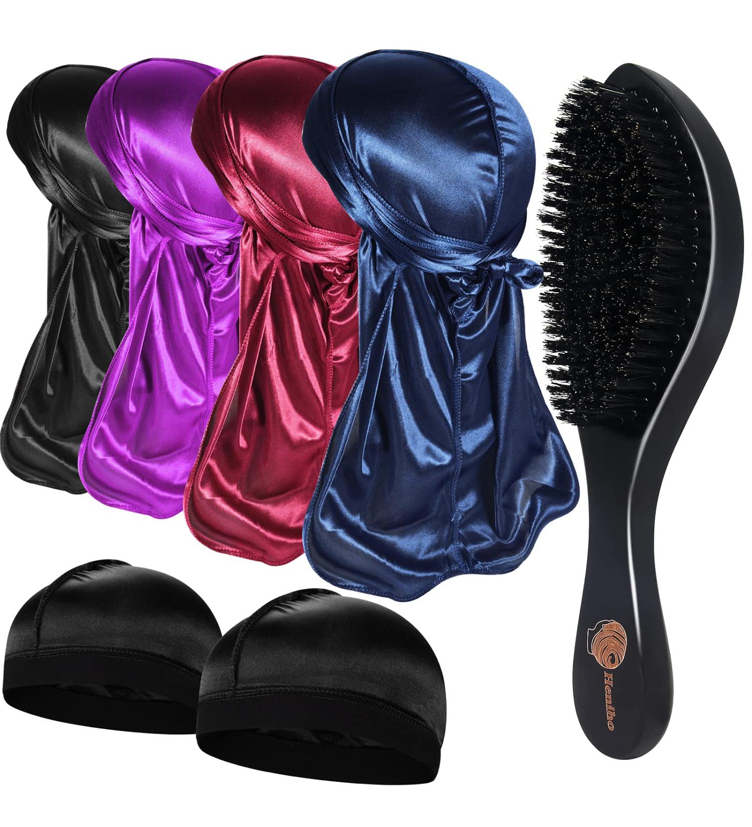 4+2 Silky Durags with 360 Wave Brush Kit for Men - Curved Medium/Hard Hair Brush Set in Black, Wine, Navy, Purple - Buy Online on SooperMarket.com