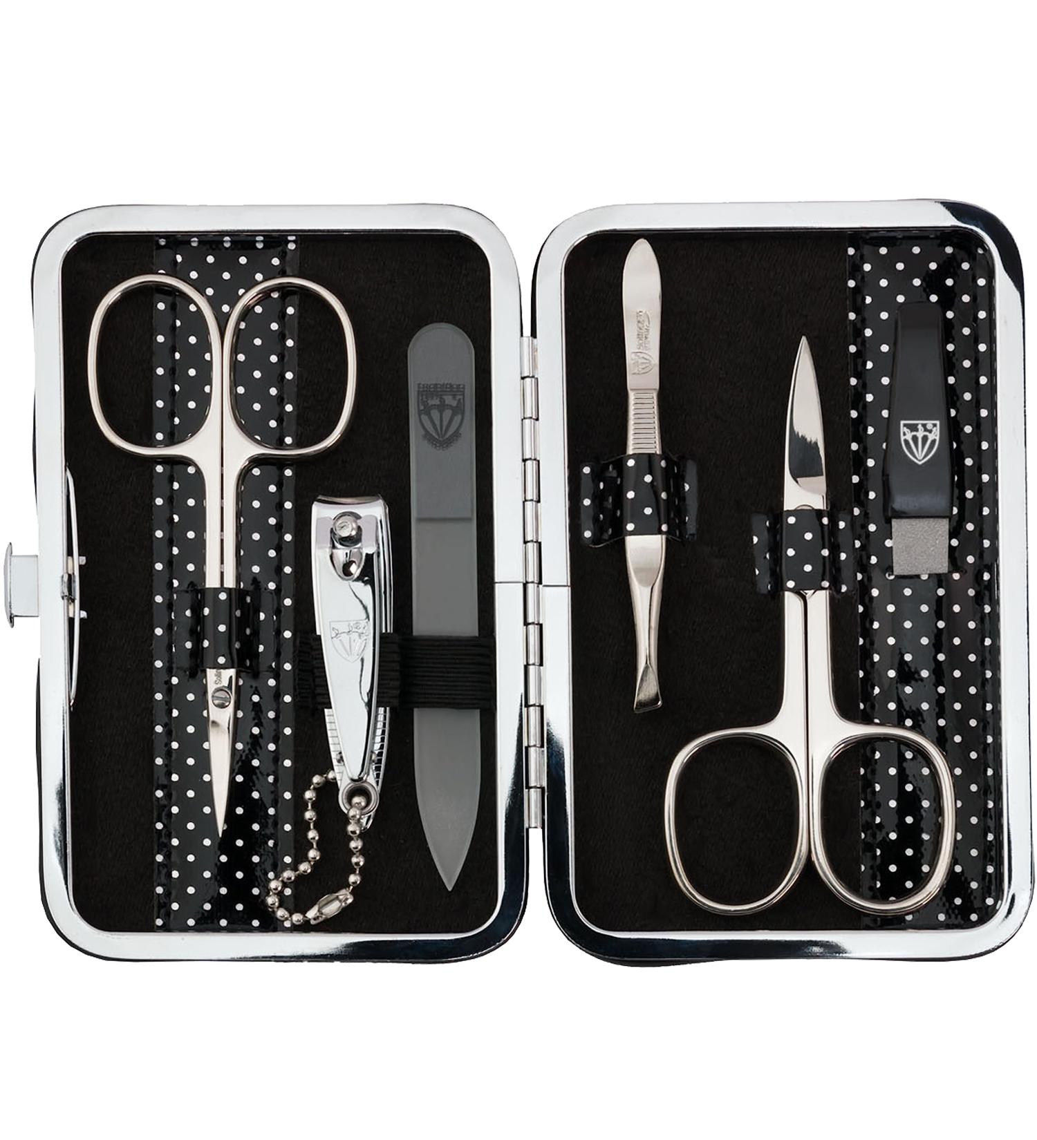 Buy Three Swords Germany 6 pcs Manicure Set 'Genova' - Black Dotted Artificial Leather Nail Care Kit with Scissors Clippers Glass & Sapphire Files - Buy Online on SooperMarket.com