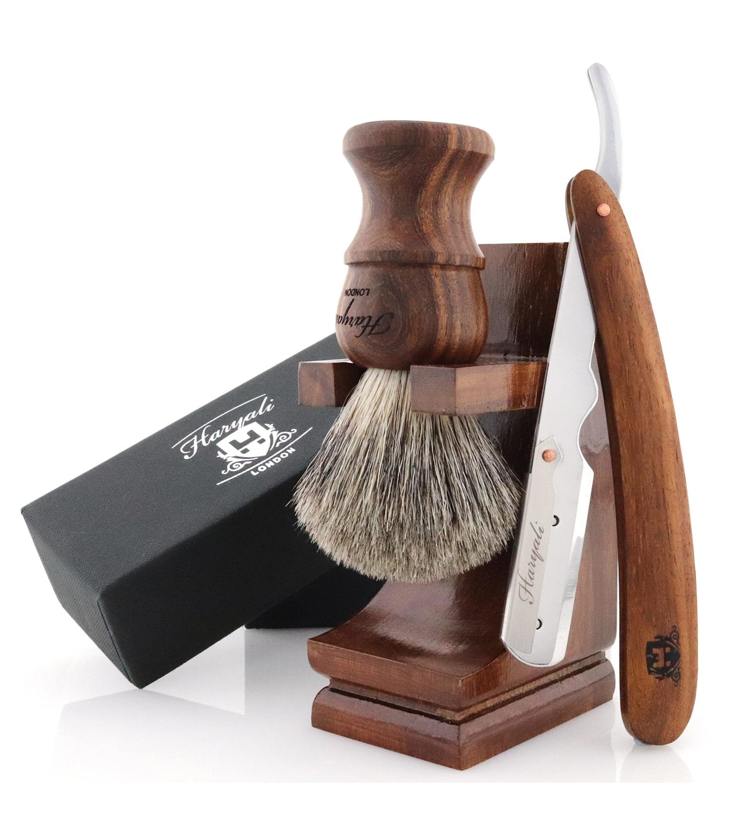 Haryali London Men's Wooden Shaving Set - Straight Razor Black Badger Hair & Stand | Best International Shipping - Buy Online on SooperMarket.com