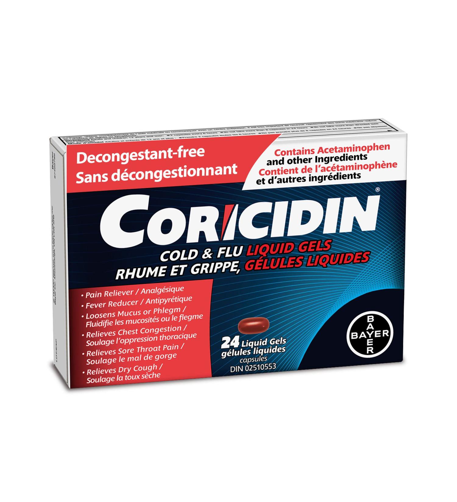 Coricidin Decongestant Free Cough and Cold Medicine - Cough cold and flu medicine for adults Effective Symptom Relief From Sore Throat Cough Chest Congestion Fever and Headaches 24 Liquid Gels - Buy Online on SooperMarket.com