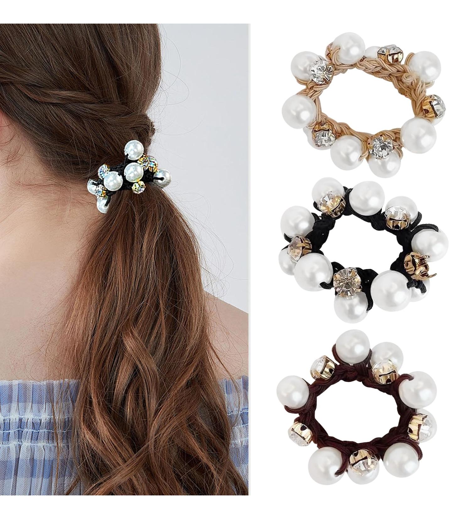 KKNEKKI Hair Scrunchie Beads - Elastic Headband with Faux Pearls and Crystals for Girls - 3 Colours: Black Brown Beige - Buy Online on SooperMarket.com