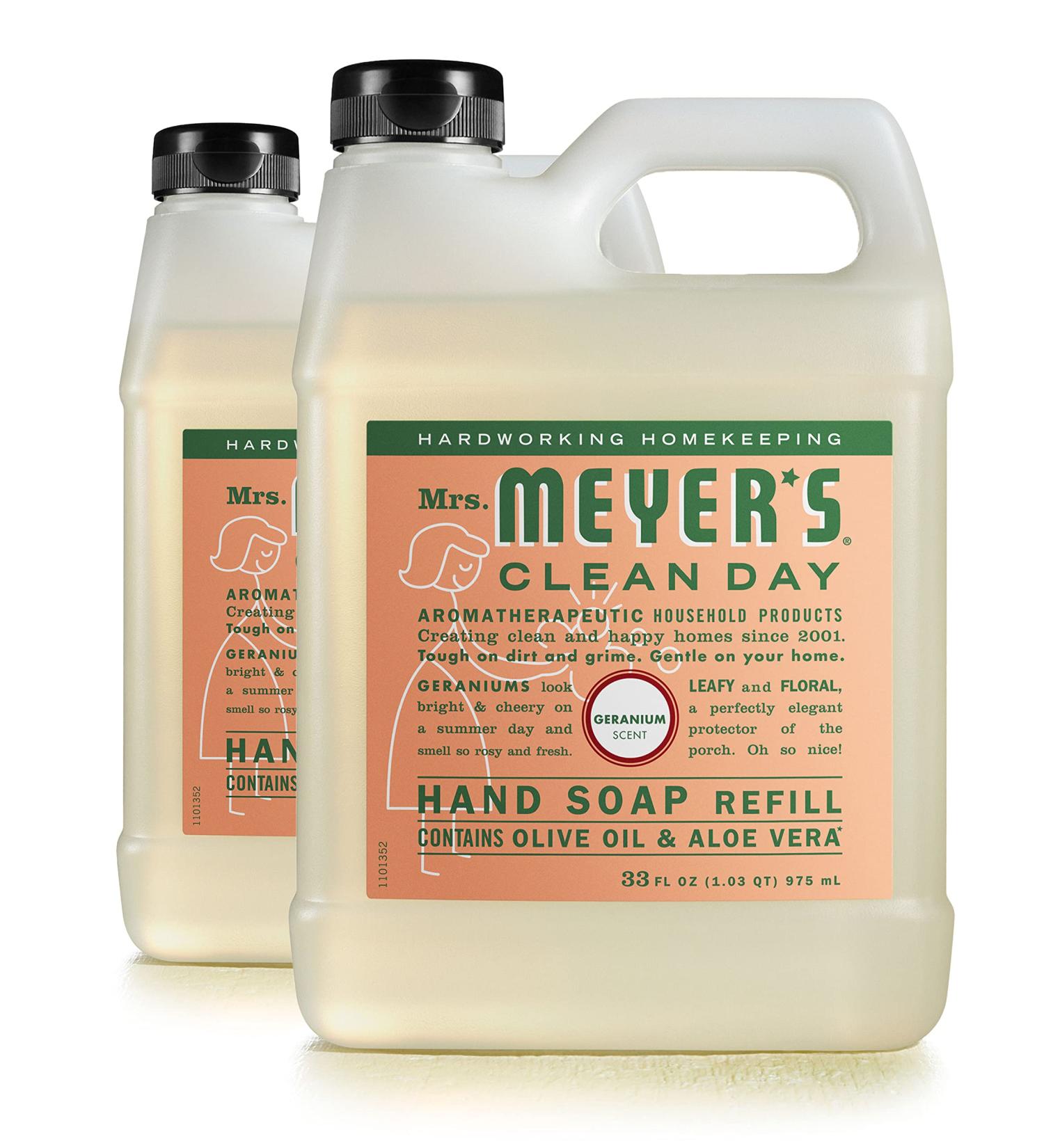 Mrs. Meyer's Geranium Hand Soap Refill 33 Oz - Pack of 2 | Biodegradable Formula with Essential Oils - Buy Online on SooperMarket.com
