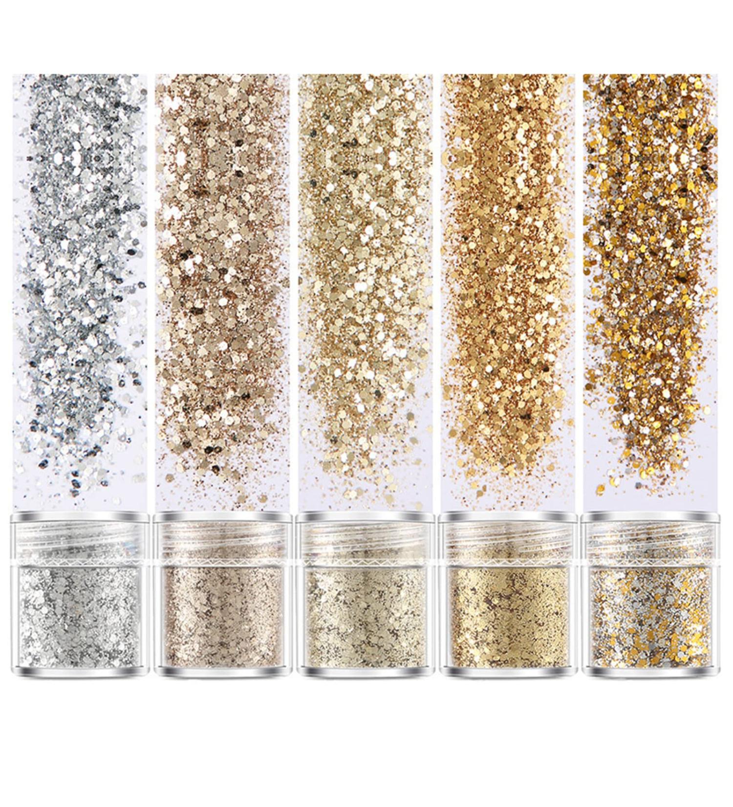 5 Set Holographic Chunky Glitter Nail Sequins for Body, Face, Hair - Gold & Silver Shades - Buy Online on SooperMarket.com