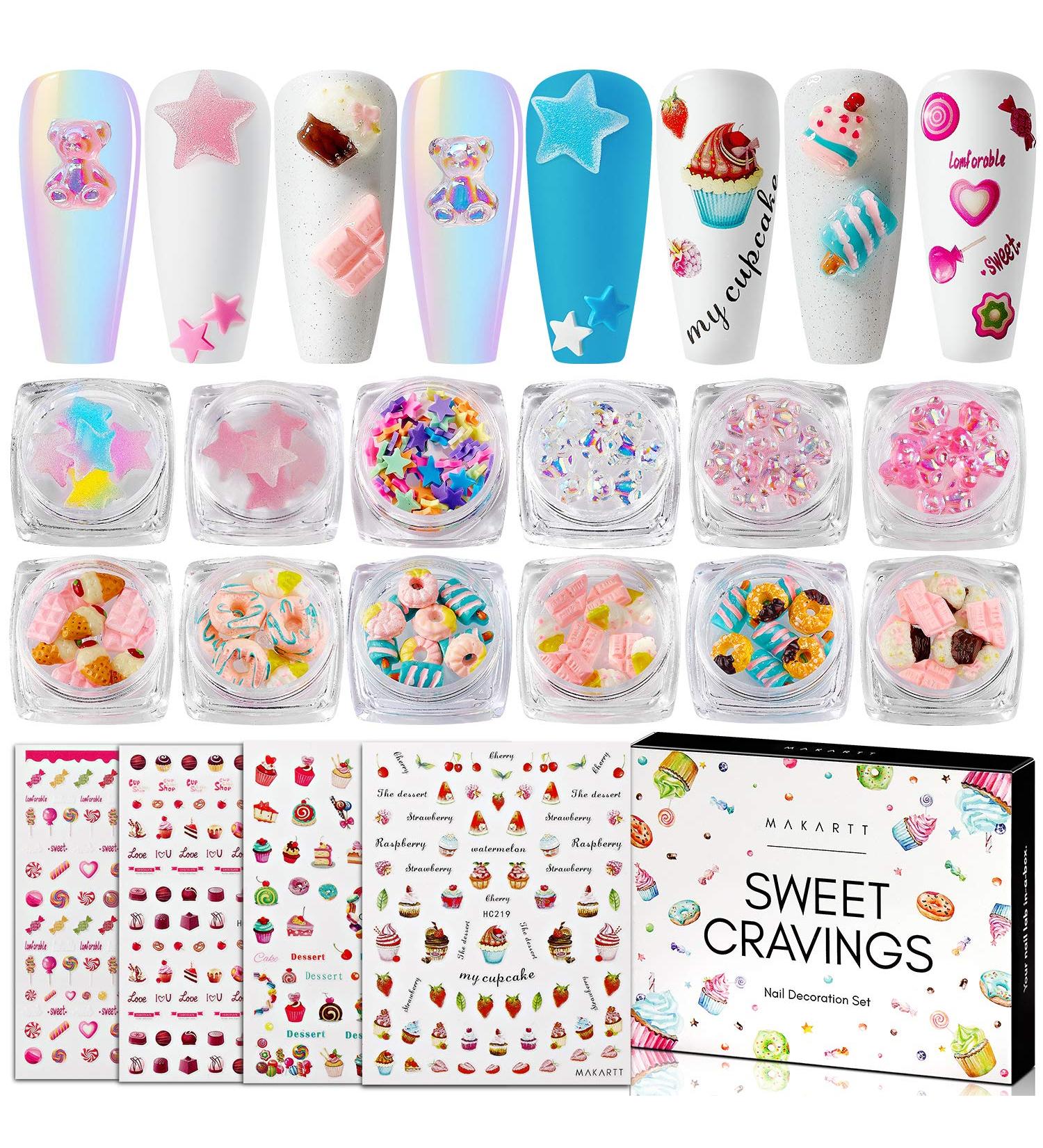 Makartt Sweet Cravings Nail Decoration Set: Nail Stickers, Glitters, Decals, 3D Decorations - Girl DIY Nails Art Kit - Buy Online on SooperMarket.com