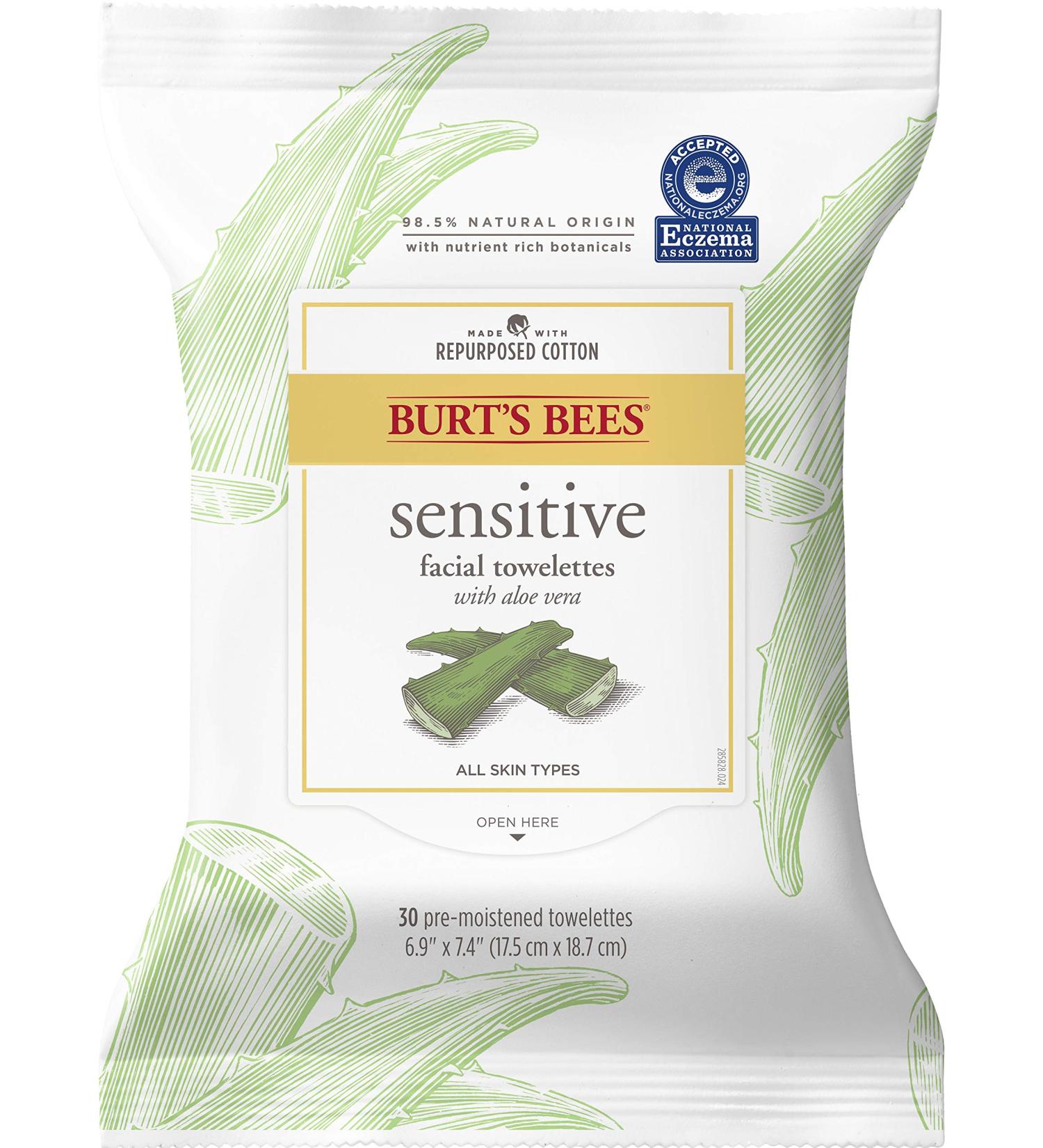 Burt's Bees Sensitive Facial Towelettes with Aloe Vera - 30 Pre-Moistened Wipes for Gentle Cleansing - Buy Online on SooperMarket.com
