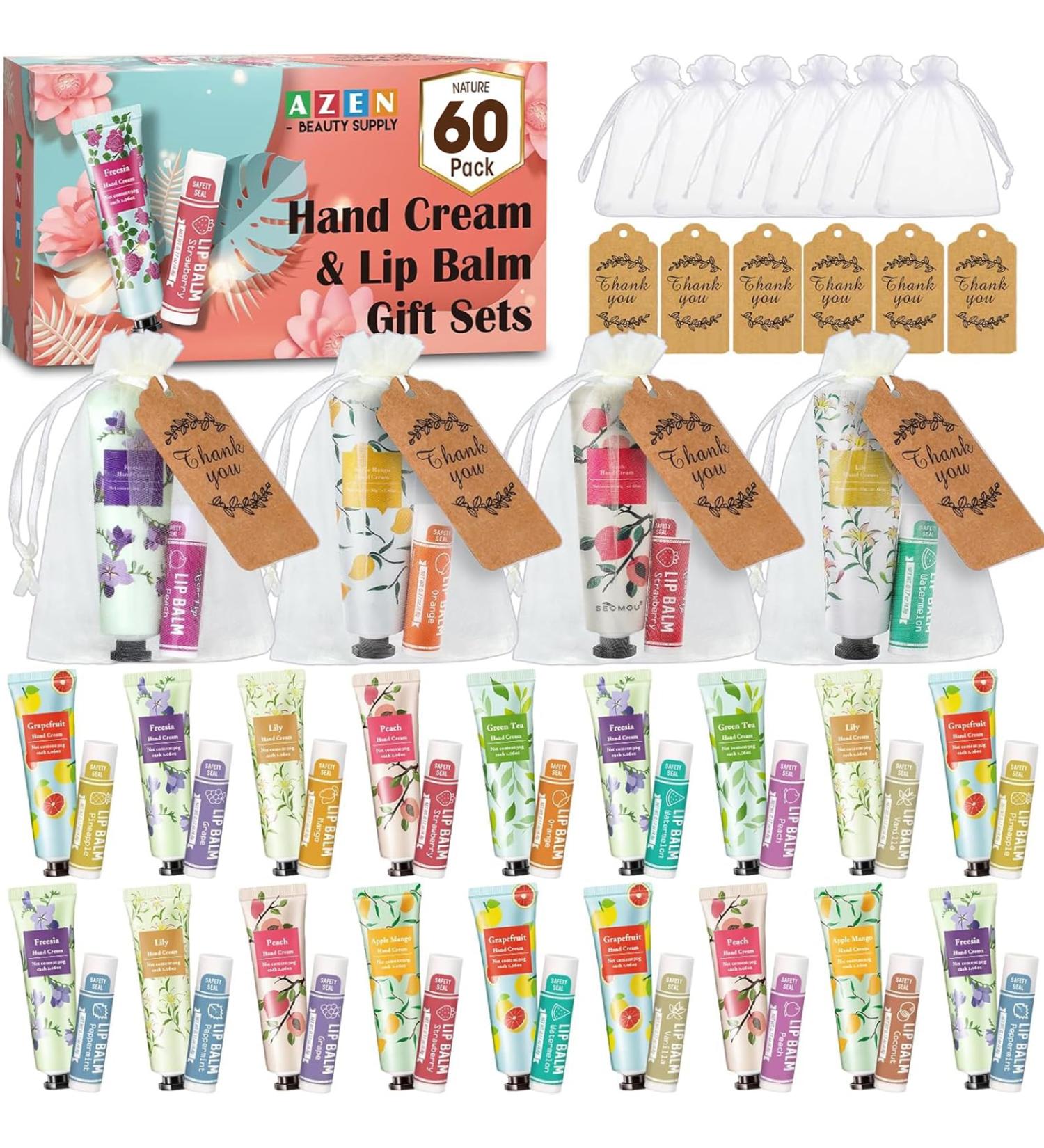 AZEN 60 Sets Hand Cream Bulk and Lip Balm Bulk Set Bridal Shower Gifts for Guests with Organza Bag Thank You Card Thank You Gifts for Coworkers Women Men Bridal Wedding Favors for Guests - Buy Online on SooperMarket.com