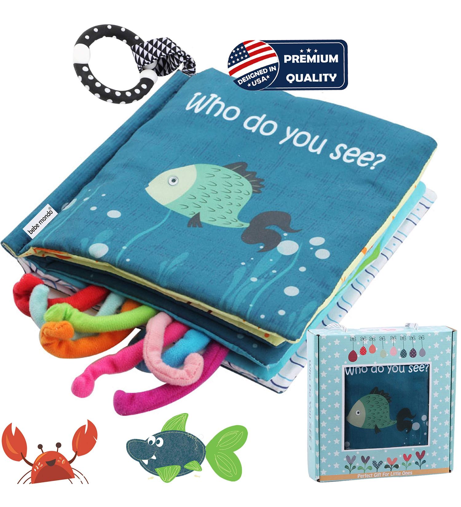Fish Baby Books - Soft Cloth Books for Babies 0-6 Months | Baby Toys for 6-12 Month Olds | Baby Shower Gifts Box with Teether | Newborn Baby Sensory Stroller Toys - Buy Online on SooperMarket.com