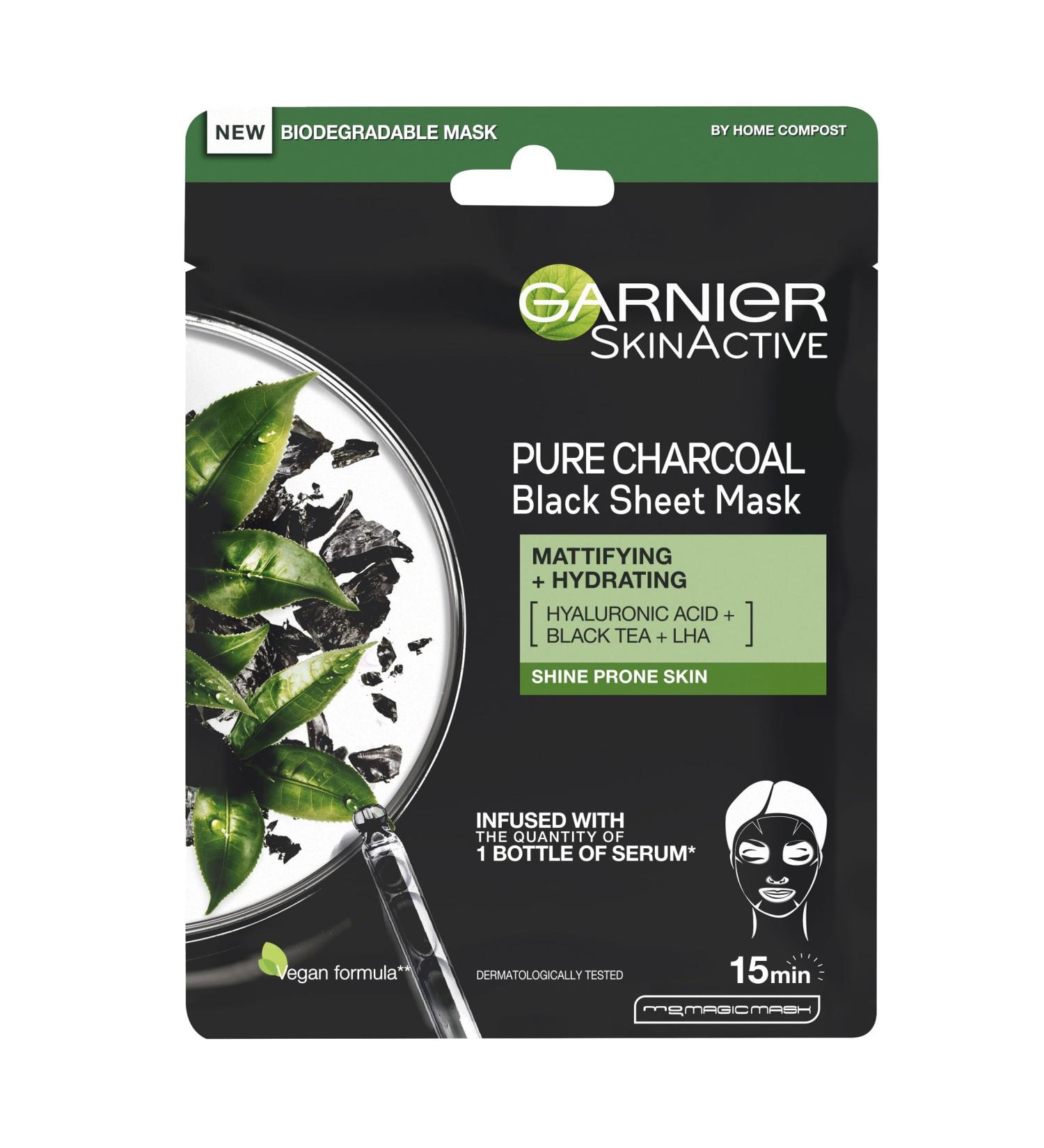 Garnier Charcoal & Black Tea Sheet Mask with Hyaluronic Acid - Purifying, Hydrating, and Mattifying Face Mask - Vegan & Biodegradable - 28g - Buy Online on SooperMarket.com