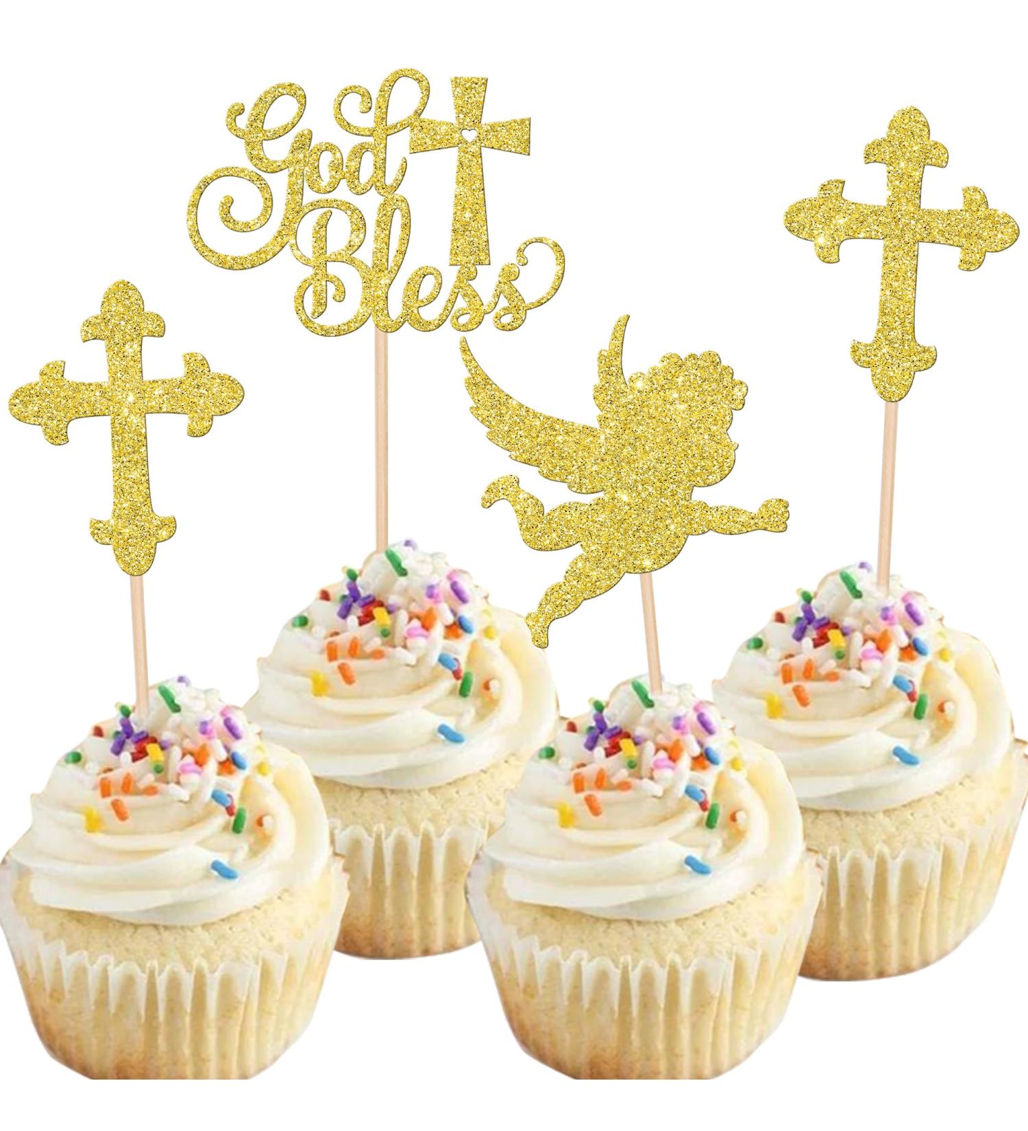 Rsstarxi 24 Pack God Bless and Cross Cupcake Toppers Angel Christening Cupcake Picks Babyshower Boy Baptism Cake Decorations for First Communion Baptism Party Decorations Gold - Buy Online on SooperMarket.com