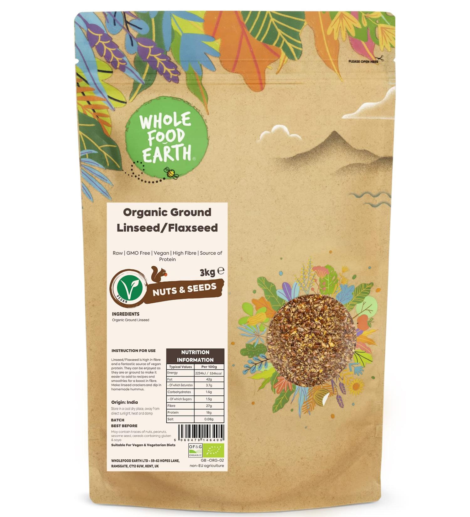 Wholefood Earth Organic Ground Linseed/Flaxseed 3kg - GMO Free, Vegan, High Fibre, Protein Source - Certified Organic - Buy Online on SooperMarket.com