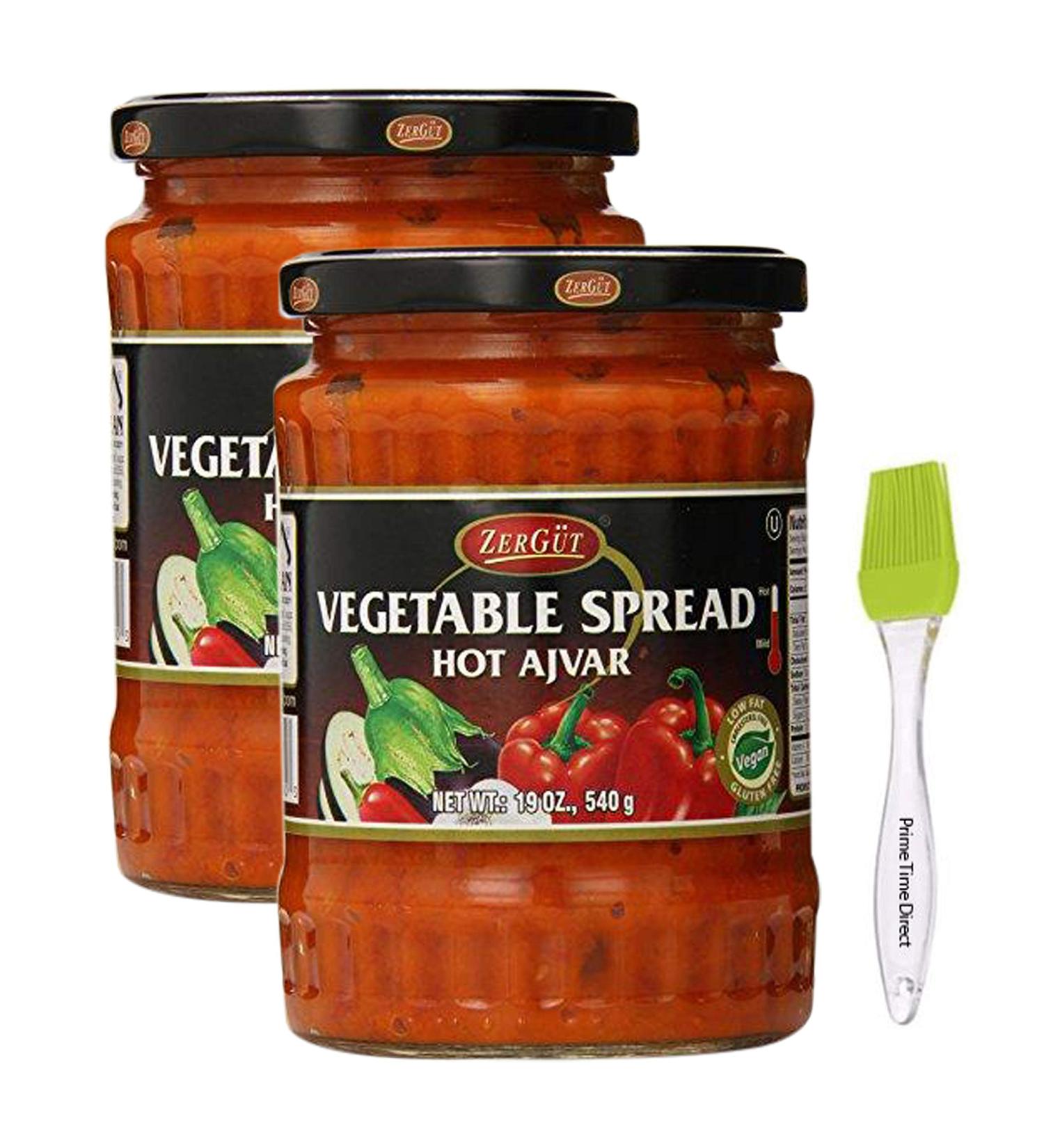 Zergut Ajvar, Hot, 19 Ounce (Pack of 2) Bundle with PrimeTime Direct Silicone Basting Brush in a PTD Sealed Bag