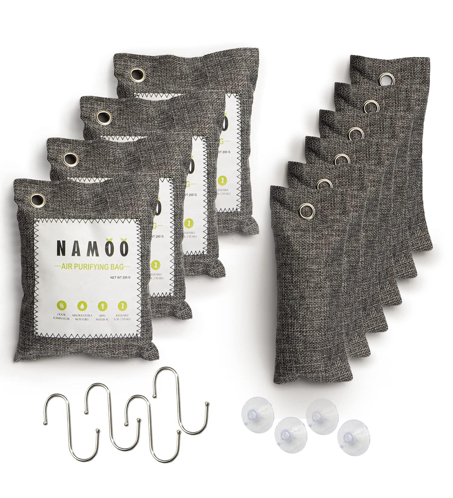 Namoo Natural Air Purifying Charcoal Bags - 10 Pack, Odor Eliminator with Hooks, Suction Cups - 200g x 4 Pack + 75g x 6 Pack - Buy Online on SooperMarket.com
